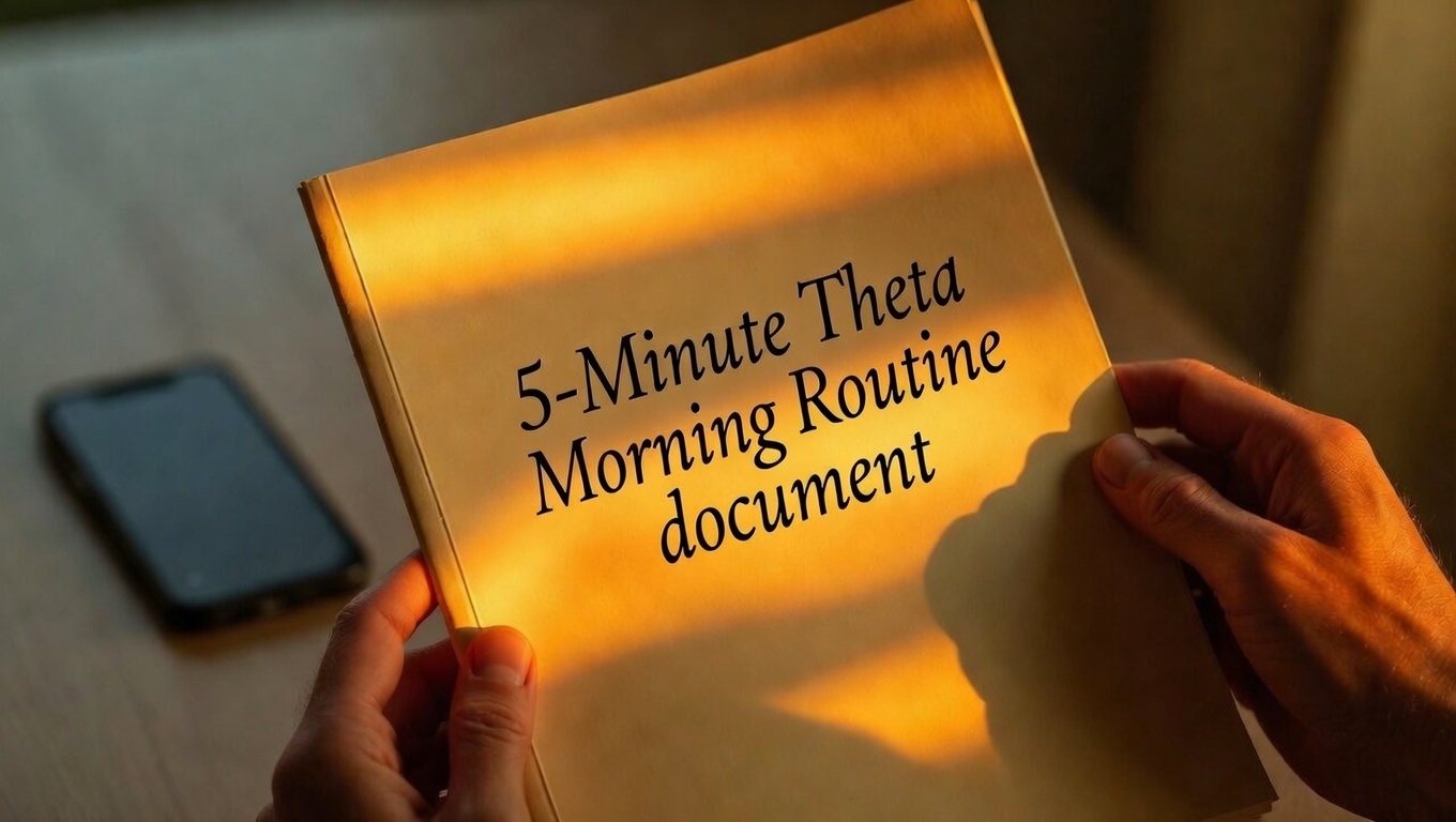 Hands holding the five minute Theta morning's routine document ready for expansion