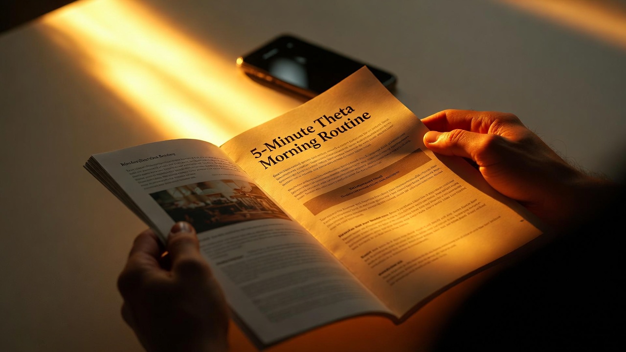 A person holding the five minute Theta morning's routine document ready to reprogram as the sun rises A person holding the five minute Theta morning's routine document ready to reprogram as the sun rises