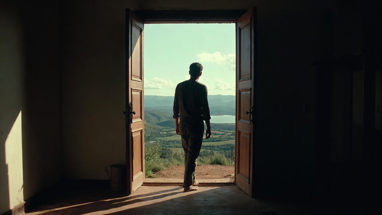 A person standing at a threshold—half indoors, half outdoors—looking out at a natural landscape. Morning light. Holding nothing. No phone. Just standing in the doorway, contemplating. Symbolic, hopeful, cinematic.