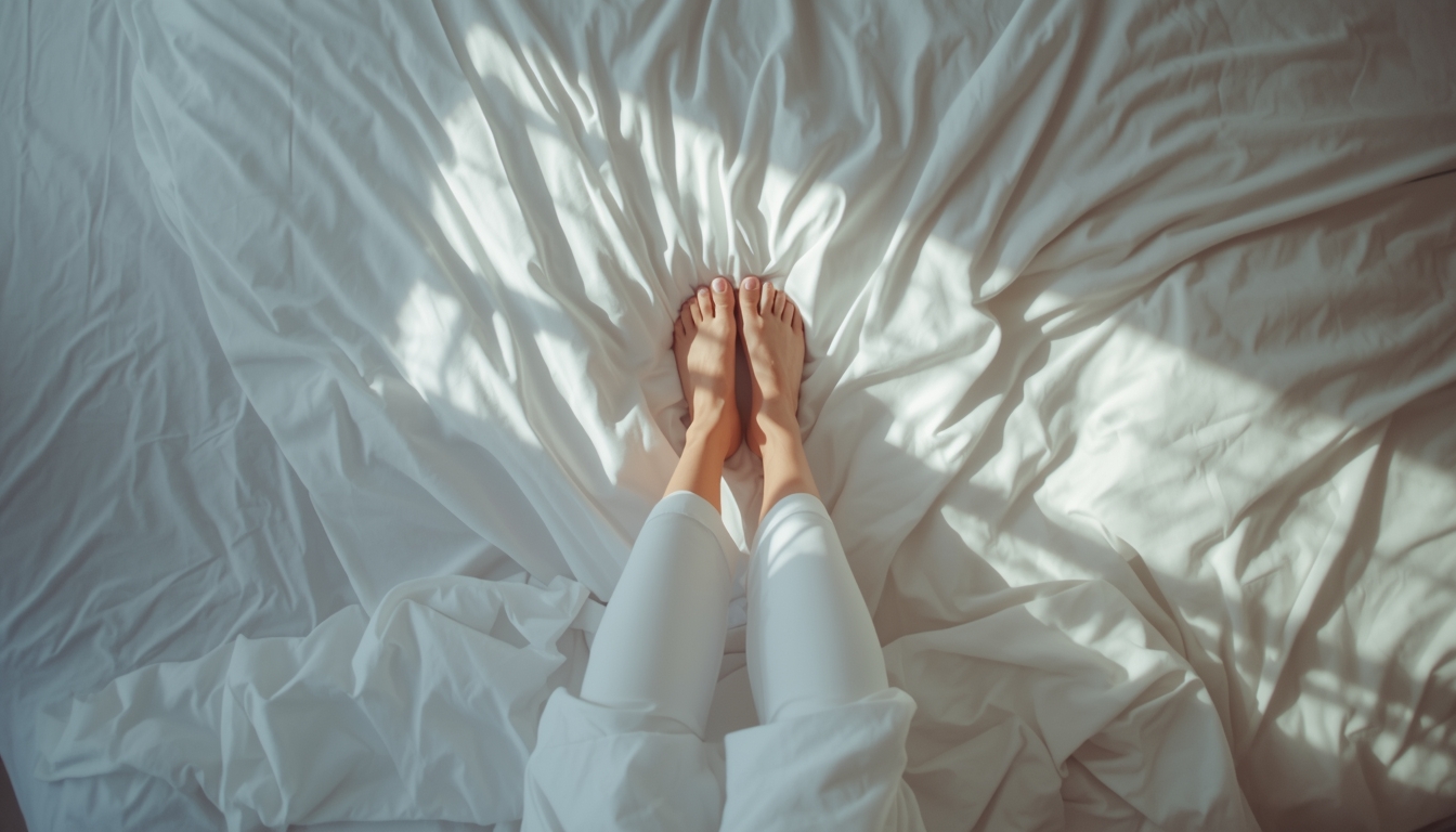 A top-down, flat lay shot of a morning routine. A person is just sitting up in a bed with crisp white sheets, their feet about to touch the floor. A beautiful morning light falls across the bed. The scene is calm, intentional, and peaceful. A top-down, flat lay shot of a morning routine. A person is just sitting up in a bed with crisp white sheets, their feet about to touch the floor. A beautiful morning light falls across the bed. The scene is calm, intentional, and peaceful.