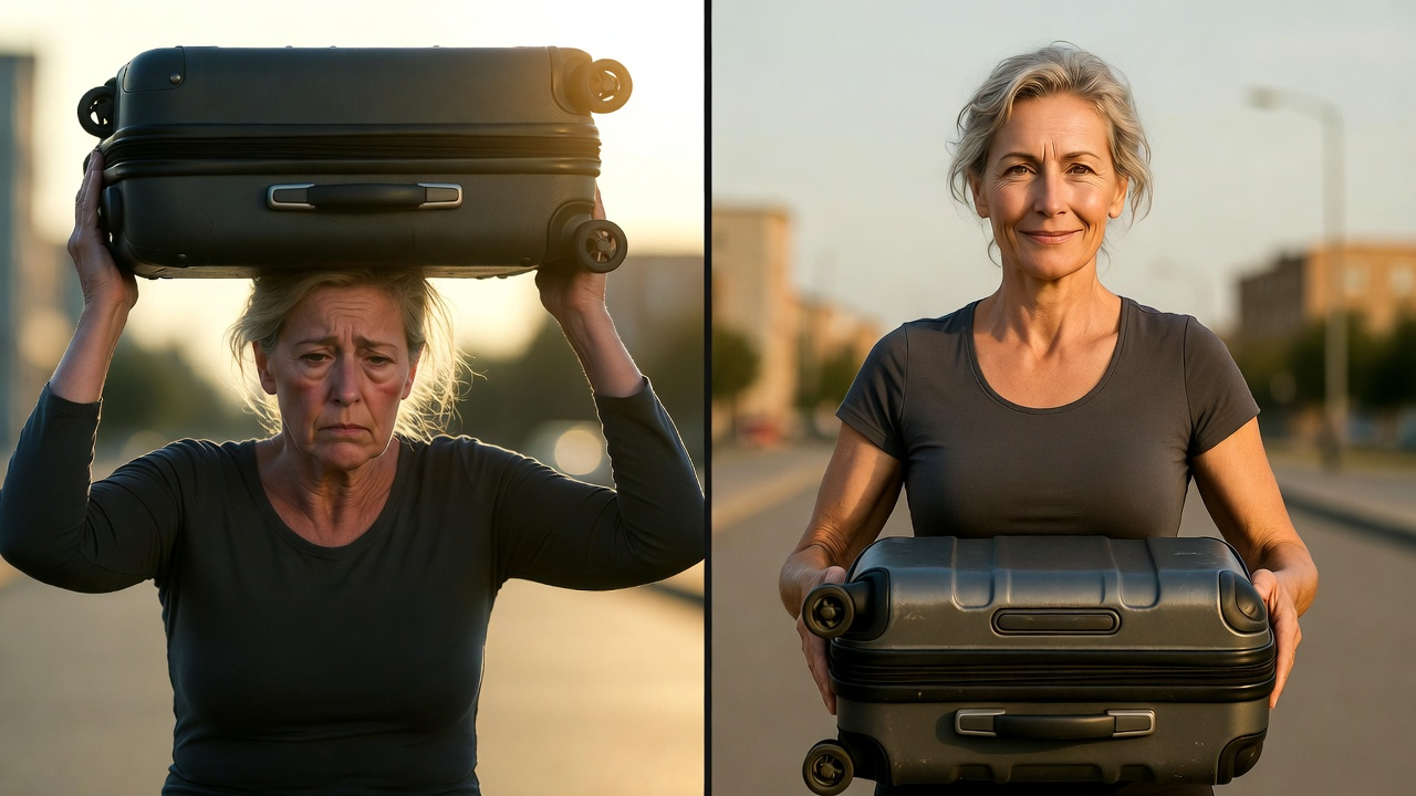 A powerful split-image photograph showing a woman in her 50s on one side looking tired, slouched, struggling with a suitcase overhead; on the other side, the same woman transformed—standing tall, confident, strong, lifting the same suitcase with ease. Warm morning lighting. Realistic, emotional, aspirational. Style: documentary fitness photography