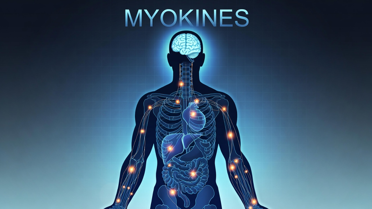 A clean, scientific-style image showing a human silhouette with highlighted muscle groups, with glowing dots representing myokines traveling from muscles to brain, bones, and organs. Educational, visually clear, blue and orange tones. Style: medical illustration meets modern design.