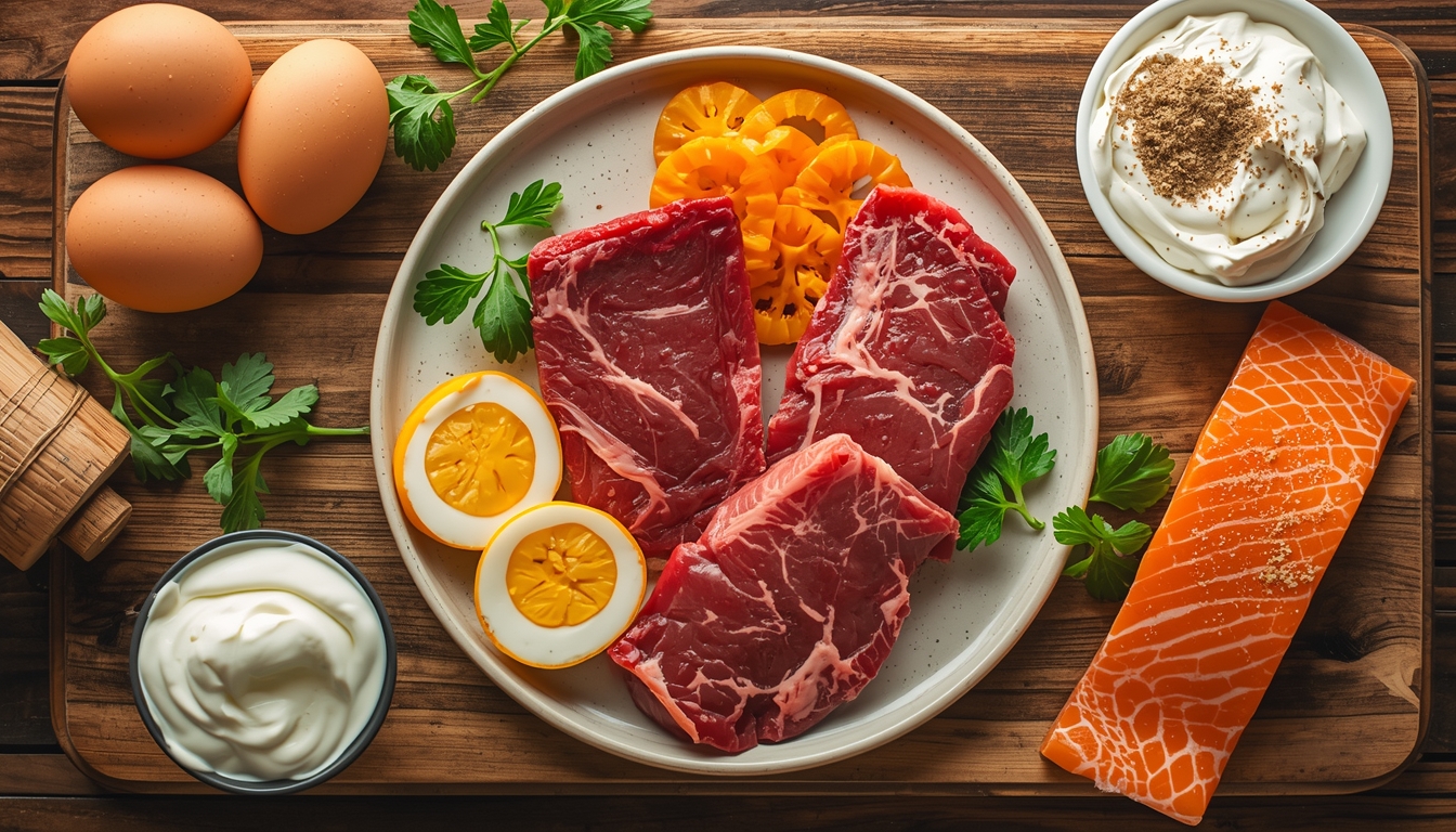  A beautifully styled flat lay of high-protein whole foods: eggs, lean beef, salmon, Greek yogurt, and a scoop of protein powder. Warm, appetizing lighting. Fresh ingredients on a wooden table. Style: food photography, clean and inviting.
