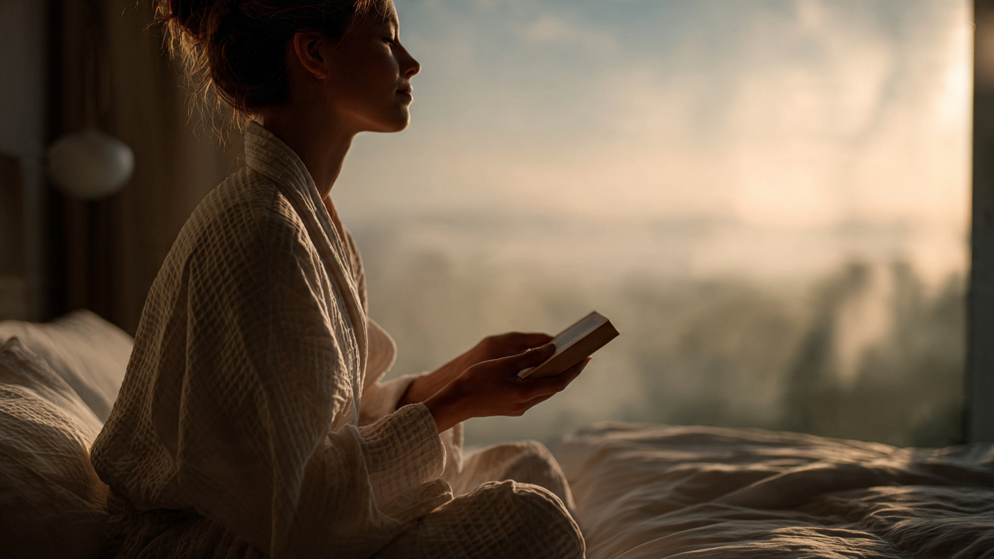  A serene morning scene—a person sitting on the edge of their bed in soft morning light, holding a small booklet or phone, eyes closed, peaceful expression. The first moments of the day.