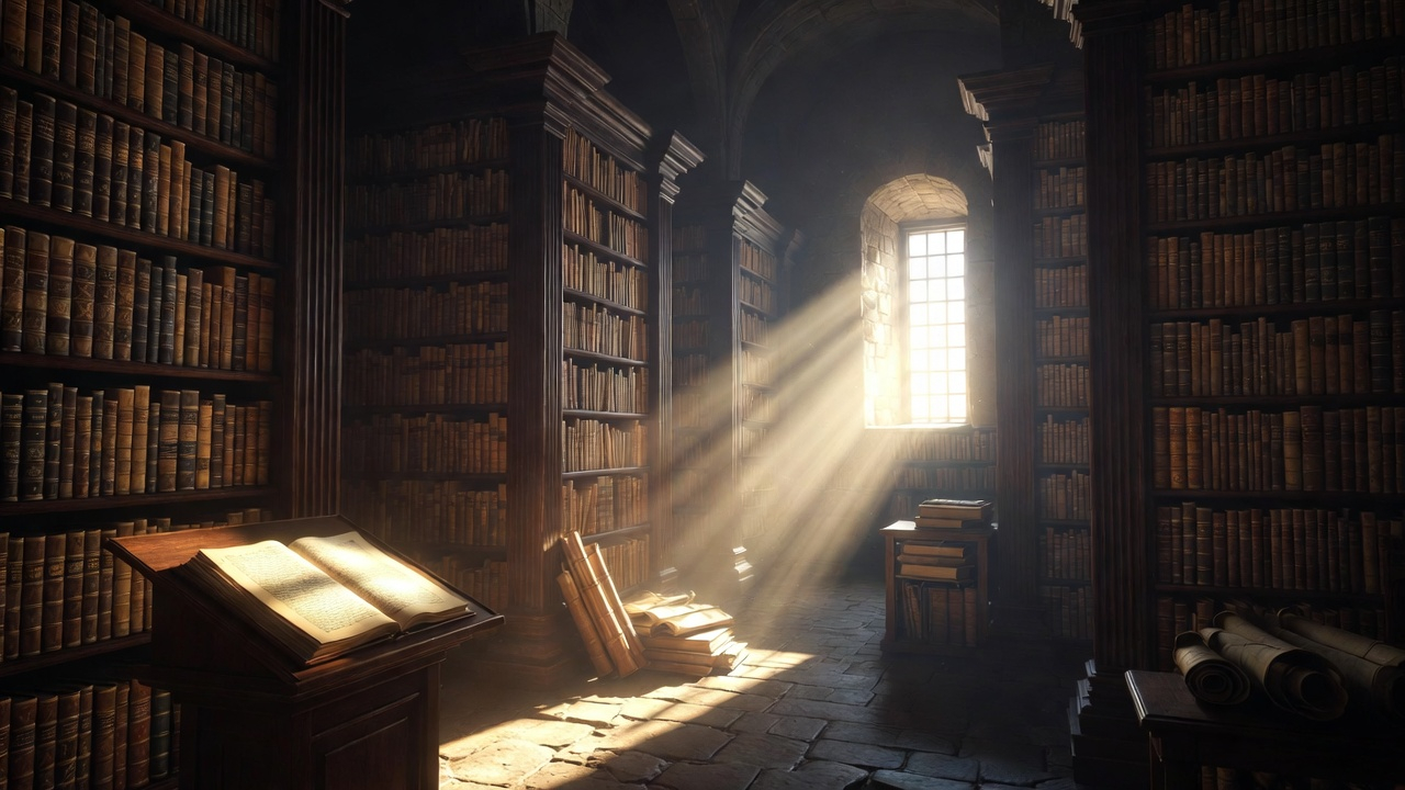 A dimly lit ancient library with towering shelves of leather-bound manuscripts and scrolls, a single beam of golden light streaming through a dust-filled window onto an open ancient text on a wooden lectern. A dimly lit ancient library with towering shelves of leather-bound manuscripts and scrolls, a single beam of golden light streaming through a dust-filled window onto an open ancient text on a wooden lectern.