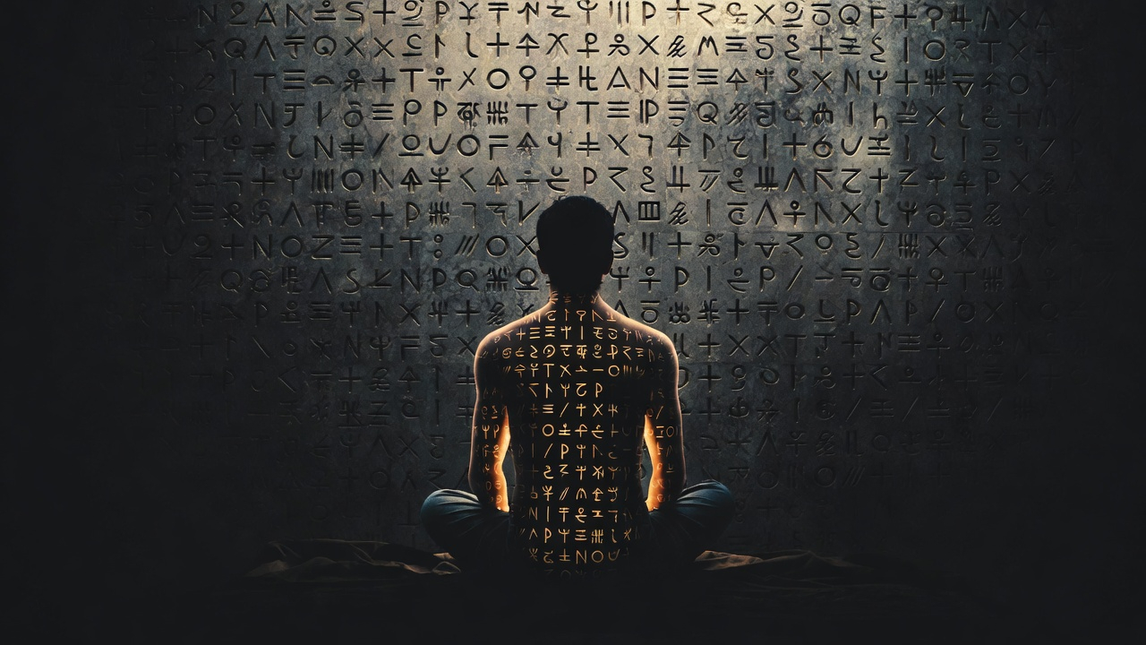 Image taken from behind a person sitting cross-legged in a dark space, facing a massive ancient stone wall covered in thousands of carved symbols and texts from every civilization. The person is silhouetted, small against the enormity of the wall. But here's the magic: their body is translucent, and through them you can see that the wall's symbols continue *through* their body, as if they are not separate from the wall but made of the same substance. Their silhouette is defined only by a soft glow of warm light at their edges. The symbols on the wall are slightly raised and catching dramatic side-lighting. Image taken from behind a person sitting cross-legged in a dark space, facing a massive ancient stone wall covered in thousands of carved symbols and texts from every civilization. The person is silhouetted, small against the enormity of the wall. But here's the magic: their body is translucent, and through them you can see that the wall's symbols continue *through* their body, as if they are not separate from the wall but made of the same substance. Their silhouette is defined only by a soft glow of warm light at their edges. The symbols on the wall are slightly raised and catching dramatic side-lighting.