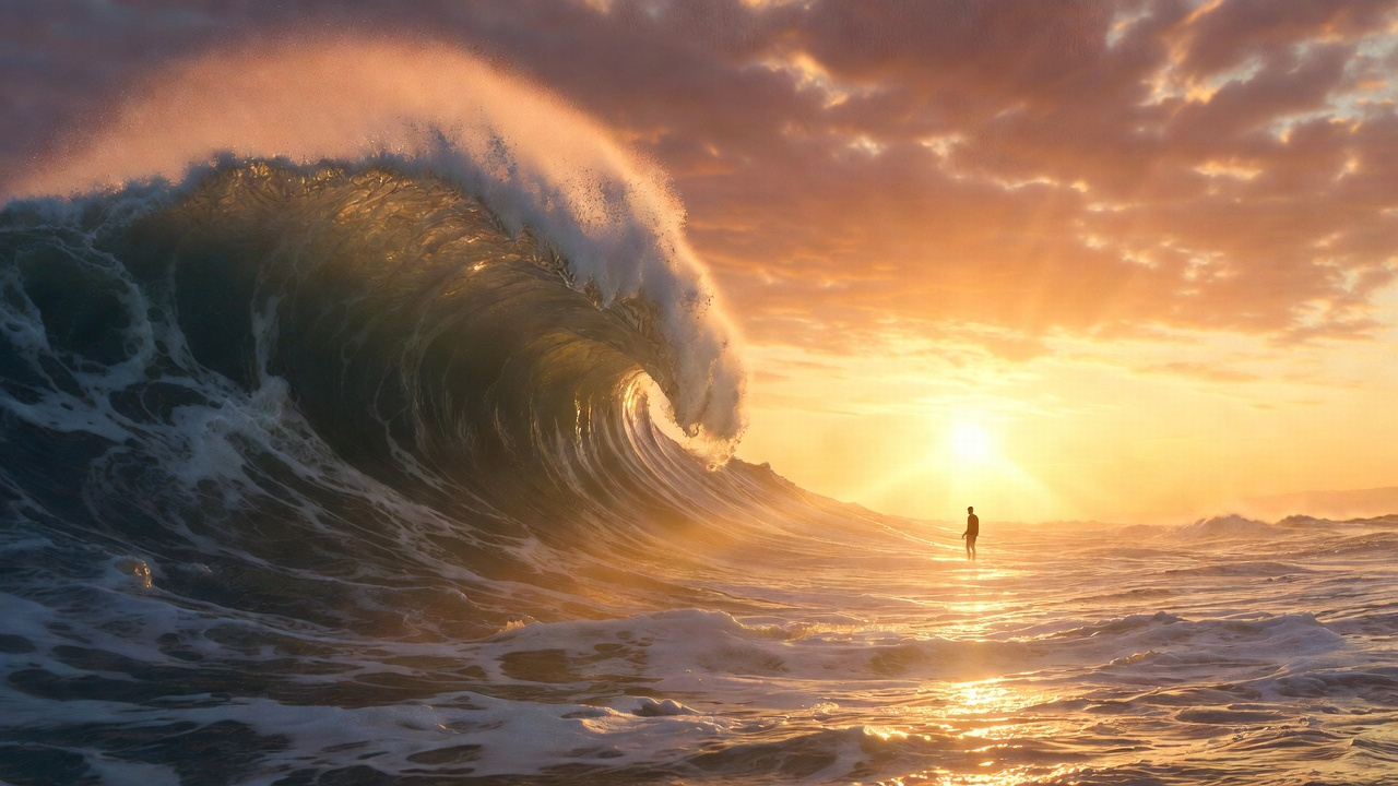 A person stands by a massive ocean wave at sunset, symbolizing oneness in a cinematic style. A person stands by a massive ocean wave at sunset, symbolizing oneness in a cinematic style.
