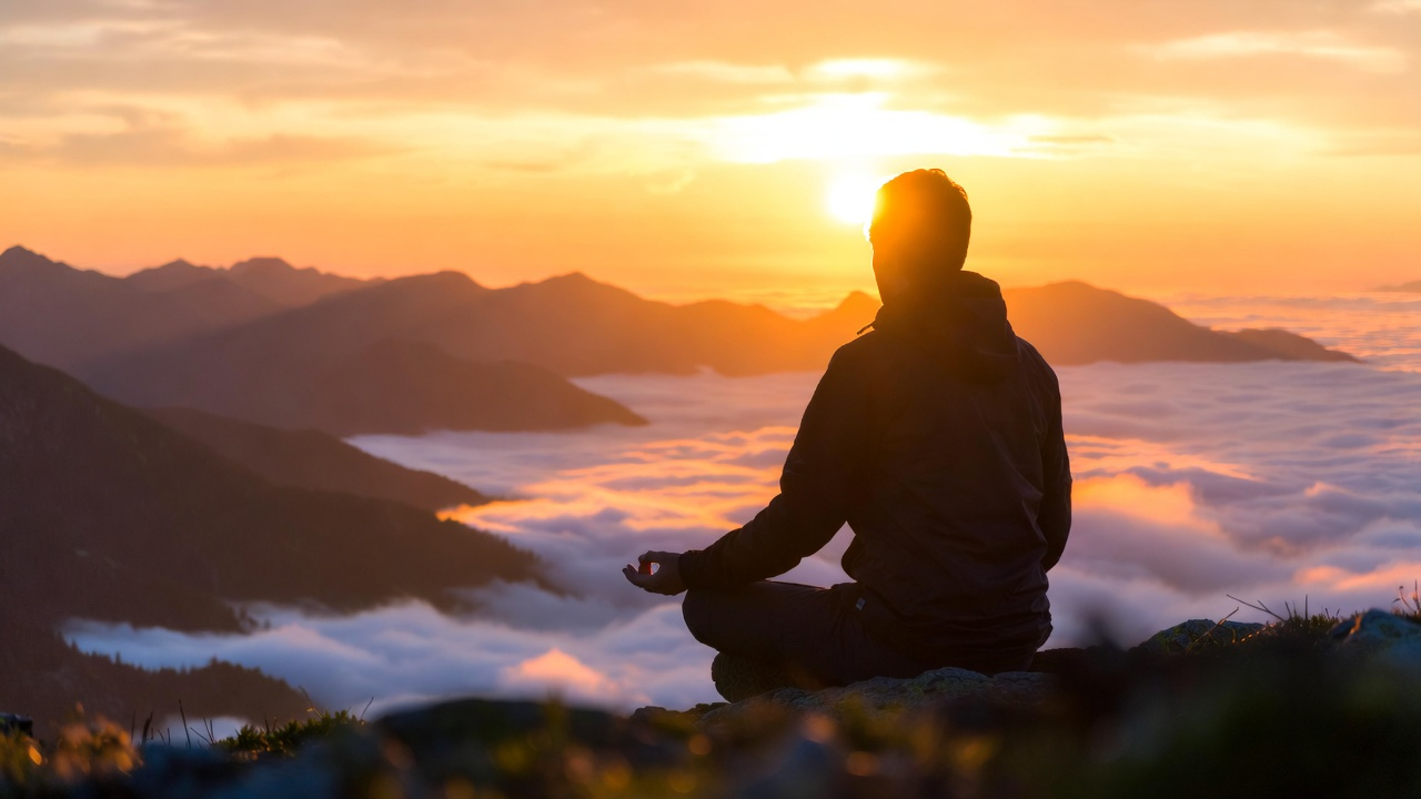 A man sitting in meditation at sunrise on a mountain peak, overlooking vast misty valleys below. Warm golden light illuminating their face, peaceful expression, representing the theta state and connection to something greater. Epic landscape, inspirational atmosphere. A man sitting in meditation at sunrise on a mountain peak, overlooking vast misty valleys below. Warm golden light illuminating their face, peaceful expression, representing the theta state and connection to something greater. Epic landscape, inspirational atmosphere.