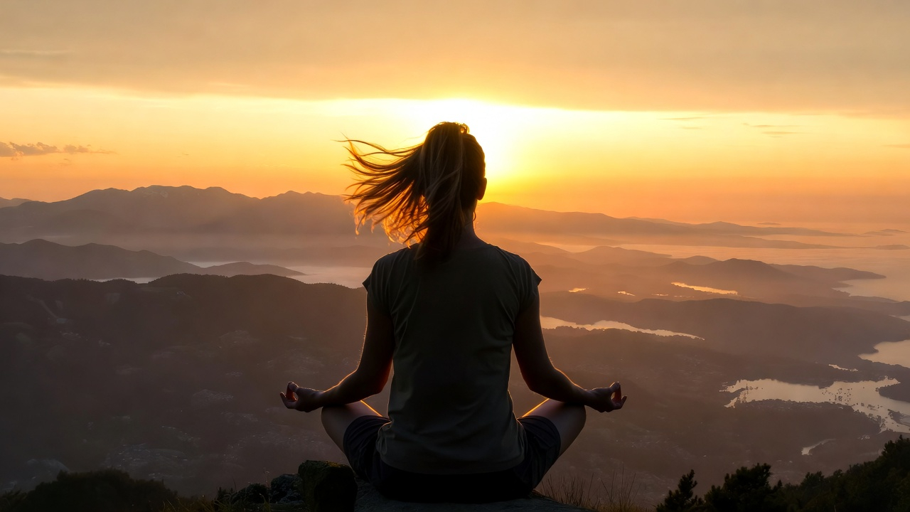A person sitting in meditation at sunrise on a mountain peak, overlooking vast misty valleys below. Warm golden light illuminating their face, peaceful expression, representing the theta state and connection to something greater. Epic landscape, inspirational atmosphere. A person sitting in meditation at sunrise on a mountain peak, overlooking vast misty valleys below. Warm golden light illuminating their face, peaceful expression, representing the theta state and connection to something greater. Epic landscape, inspirational atmosphere.