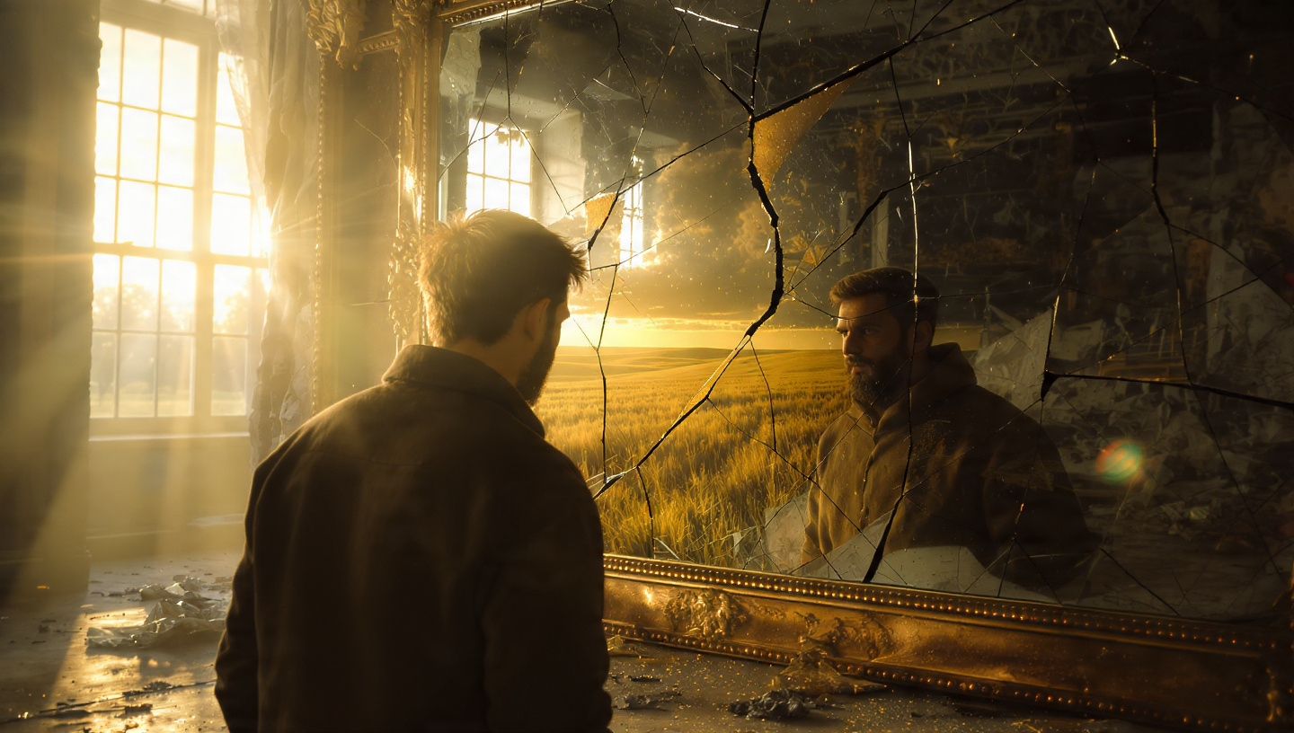  A hyper-realistic image of a person standing in front of a massive cracked mirror, with their reflection showing a completely different scene—golden light, open fields, and possibility—while the "real" side shows gray, mundane surroundings. First light of dawn streaming through windows. Photorealistic, cinematic lighting