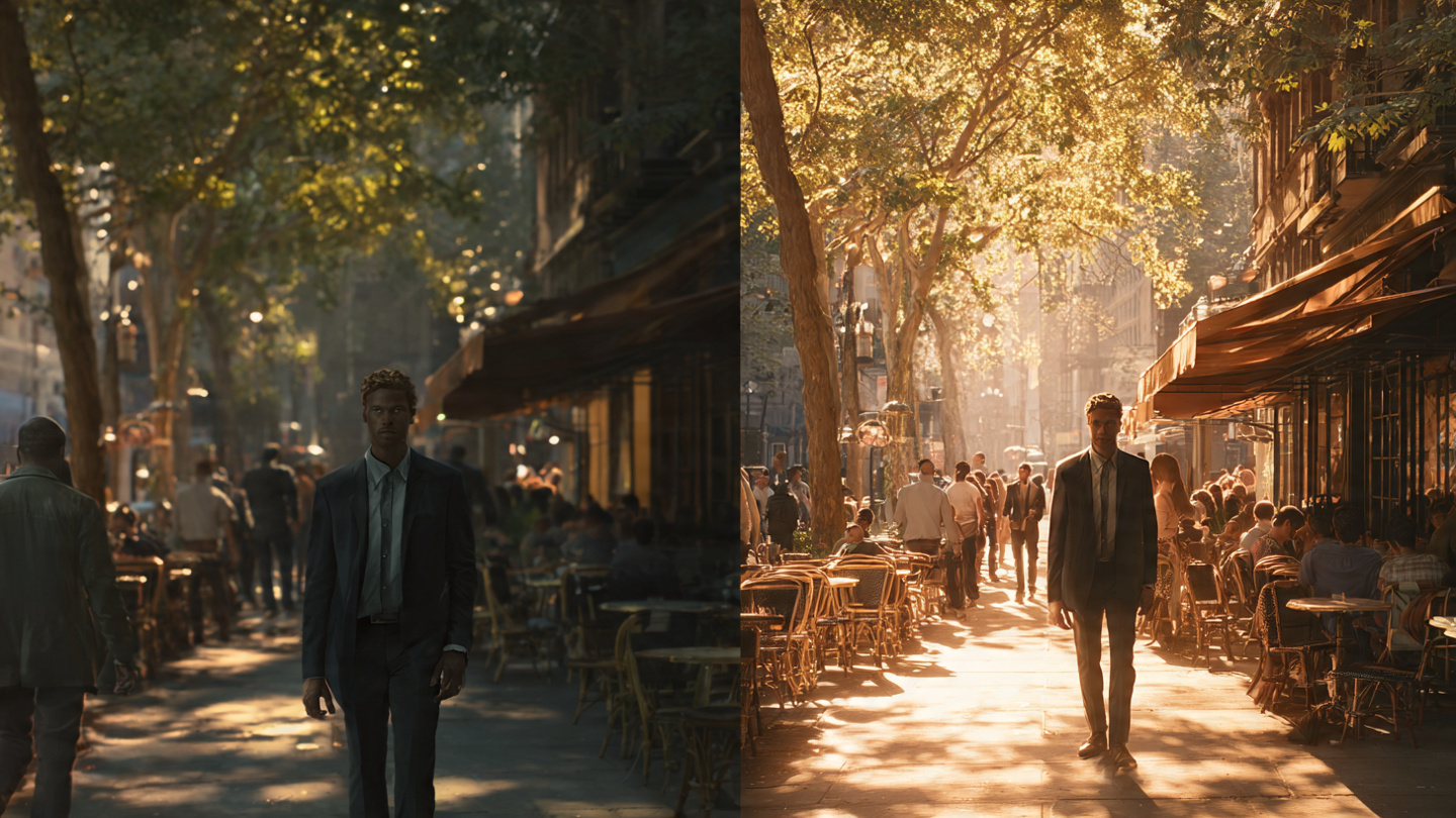 Photorealistic diptych, two separate images side by side in one frame, natural lighting, ultra detailed 8k  LEFT IMAGE: A young professional man walking through a vibrant city street at golden hour, warm sunlight streaming through trees, his face showing calm awareness, eyes open and observing, people around him appear friendly and approachable, outdoor cafes with open seating, shop doors welcoming, everything feels full of possibility  RIGHT IMAGE: The exact same man walking through the identical street but the lighting is slightly cooler and dimmer, his posture is slightly guarded, shoulders tensed, his gaze downward or suspicious, the same people now appear distant or closed off, shadows longer, storefronts feel less inviting, the atmosphere feels heavy with unseen threat 