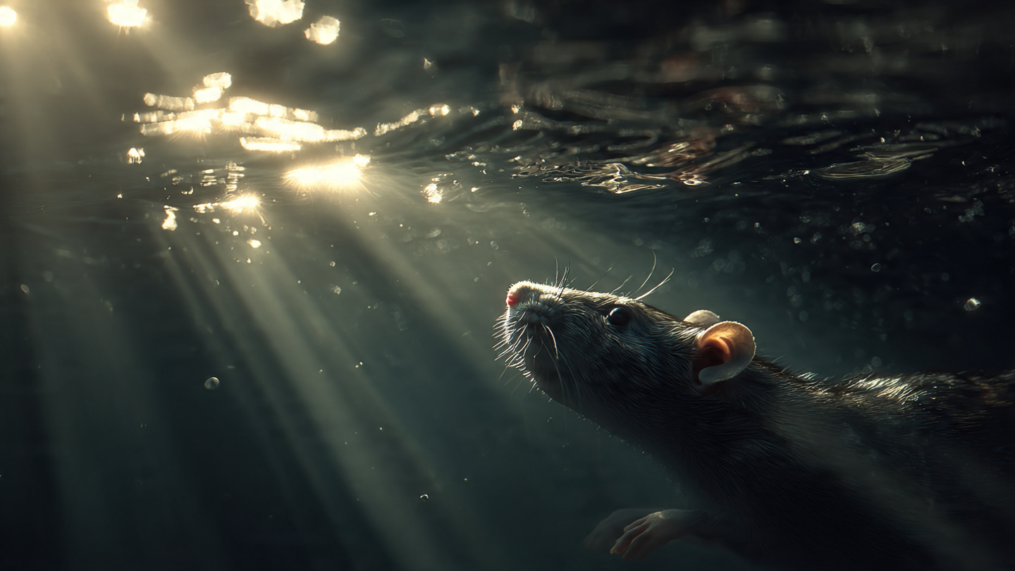 A rat swimming in water with sunlight breaking through the surface above, creating a pathway of light. Symbolic, hopeful, representing breakthrough and hidden potential. 
