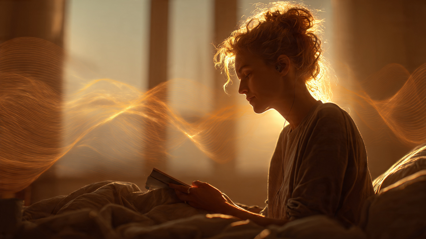A person sitting up in bed at dawn, golden light streaming through windows, holding a small notebook or device, peaceful expression, theta brain waves subtly visualized as gentle ripples in the air around them. 
