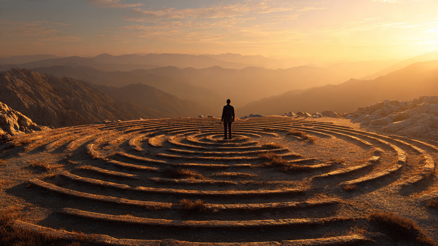  A person standing on a mountaintop at sunrise, arms relaxed at sides, facing the light, with a subtle overlay of a labyrinth or maze behind them that they've already walked through. 