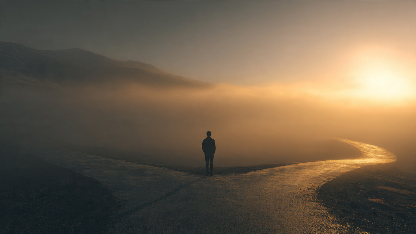 A person standing at a foggy mountain crossroads at dawn, with one path clearly marked and the other disappearing into mist. Warm golden light breaking through the fog. The person stands still, contemplating which way to go. A person standing at a foggy mountain crossroads at dawn, with one path clearly marked and the other disappearing into mist. Warm golden light breaking through the fog. The person stands still, contemplating which way to go.