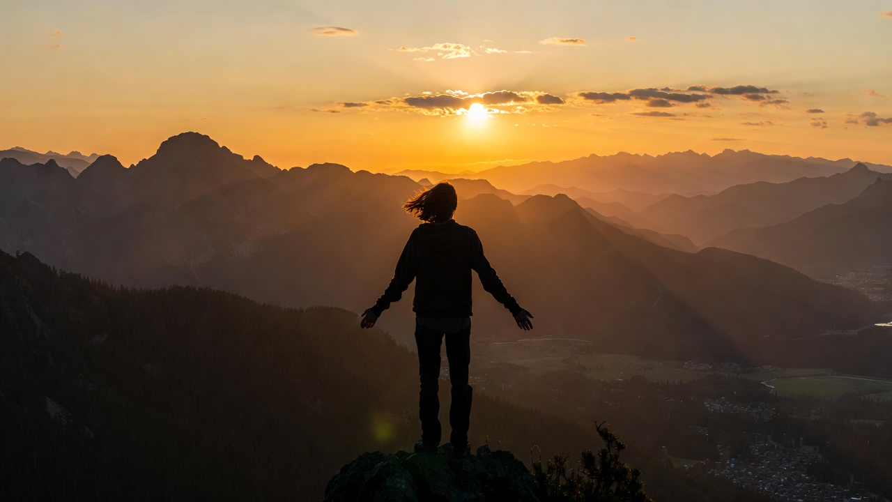 A person standing on a mountain summit at sunrise, arms slightly open, looking out over a vast landscape of peaks and valleys below. Golden light bathing the scene. The person appears peaceful, accomplished, aligned with their journey. Epic cinematic photography style, photorealistic, inspirational A person standing on a mountain summit at sunrise, arms slightly open, looking out over a vast landscape of peaks and valleys below. Golden light bathing the scene. The person appears peaceful, accomplished, aligned with their journey. Epic cinematic photography style, photorealistic, inspirational