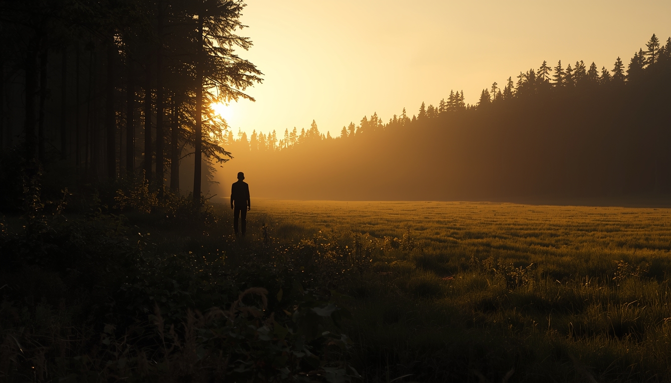 A high-contrast image of a solitary person standing at the edge of a dense forest looking out towards a bright, open field illuminated by the first light of dawn. The forest behind them is dark and shadowy, representing the past, while the field before them is golden and full of potential. 