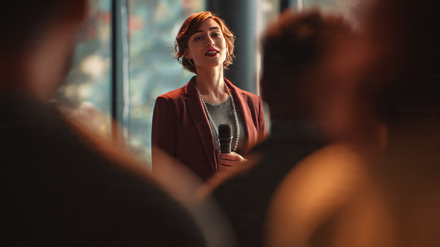 A person in a business casual setting, confidently taking one small action by standing to speak in a meeting. The action should feel intentional and courageous, but not monumental. The lighting should highlight them as the focal point of positive change. 