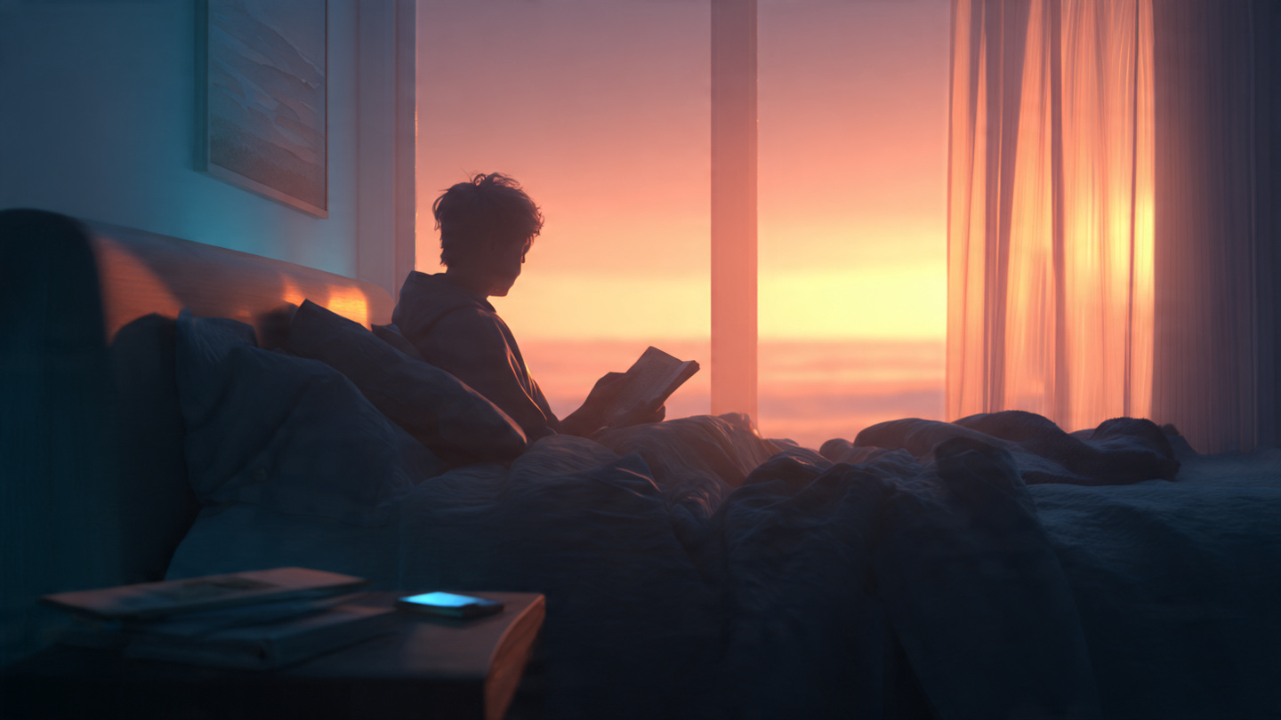 A serene bedroom scene at dawn. A person is sitting up in bed, holding a journal. The room is bathed in soft, blue-orange light. Their phone is on the nightstand, facedown and untouched. The image conveys peace, intention, and a powerful sense of starting the day on one's own terms. 