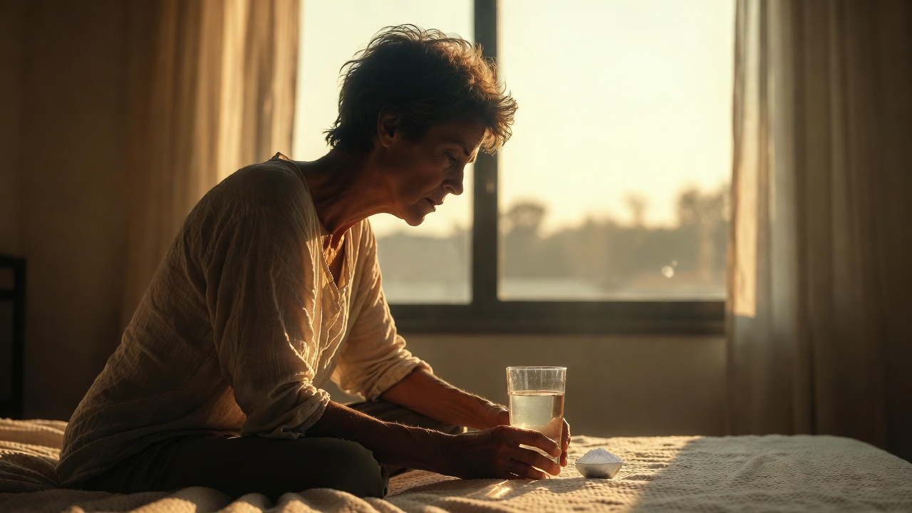 A cinematic shot of a person in their 50s, sitting on the edge of a bed at dawn. Soft, golden light streams through a window. They are holding a glass of water with a scoop of powder next to it, looking contemplative and hopeful, not like a bodybuilder. The mood is peaceful, healing, and strong. A cinematic shot of a person in their 50s, sitting on the edge of a bed at dawn. Soft, golden light streams through a window. They are holding a glass of water with a scoop of powder next to it, looking contemplative and hopeful, not like a bodybuilder. The mood is peaceful, healing, and strong.