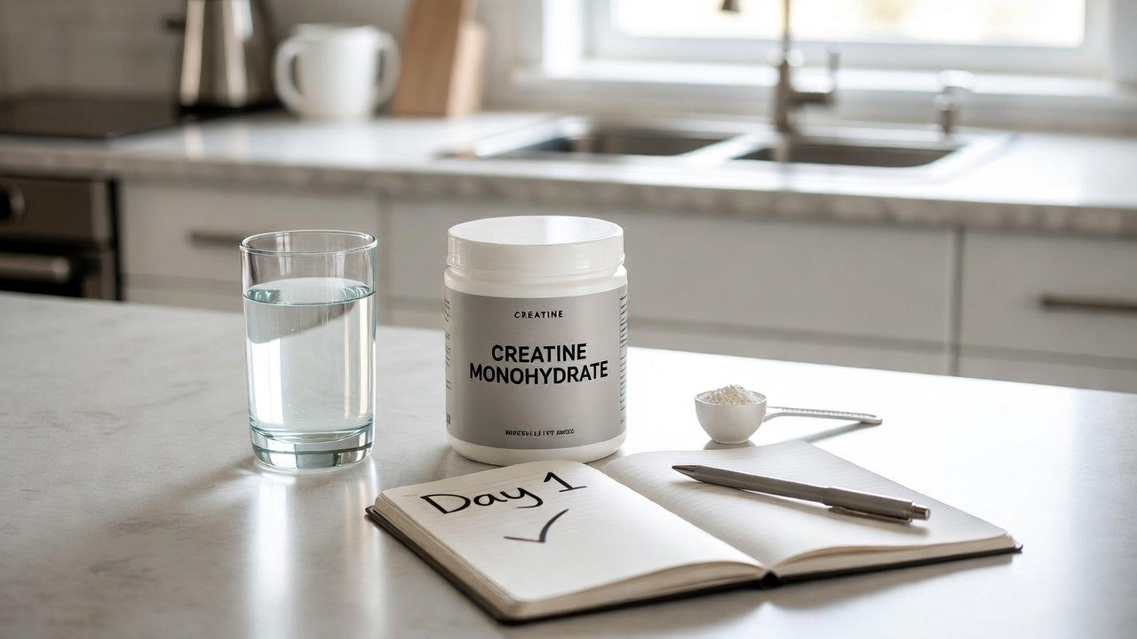 A flat lay photo of a clean kitchen counter. A glass of water, a high-quality tub of Creatine Monohydrate with a simple, clean label, and a scoop next to it. A notebook is open with a pen, showing a simple checkmark for "Day 1." Natural lighting, clean and crisp, conveys simplicity and ease. --- A flat lay photo of a clean kitchen counter. A glass of water, a high-quality tub of Creatine Monohydrate with a simple, clean label, and a scoop next to it. A notebook is open with a pen, showing a simple checkmark for "Day 1." Natural lighting, clean and crisp, conveys simplicity and ease. ---