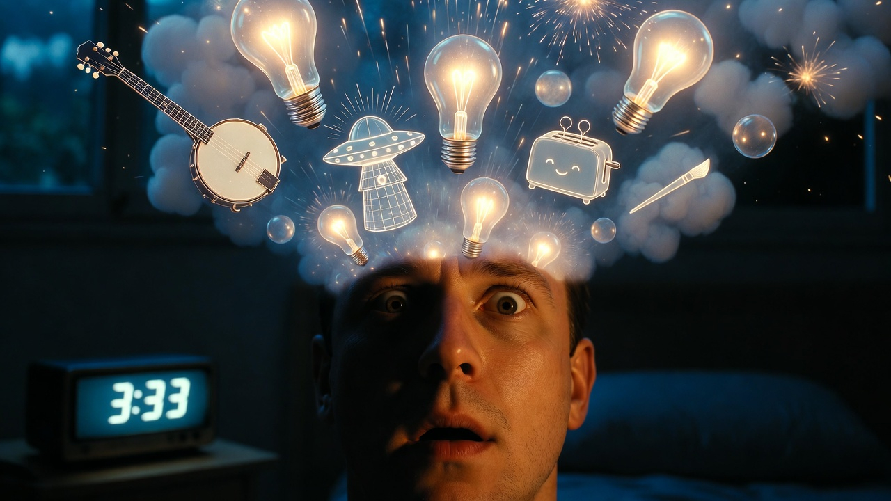 A close-up, cinematic shot of a man's face, half in shadow, half illuminated by the soft blue light of a clock radio showing 3:13 AM. His eyes are wide open, a faint, almost comical look of alarm on his face. Above his head, ethereal, glowing lightbulbs and thought bubbles pop into existence like fireworks, filled with tiny, detailed sketches: a banjo, a blueprint for a UFO-shaped birdhouse, a smiling toaster, a paintbrush. The bedroom is dark and peaceful, but his mind is a chaotic, beautiful explosion of light.  Vibe: Relatable, slightly humorous, visually representing the "Idea-pocalypse."