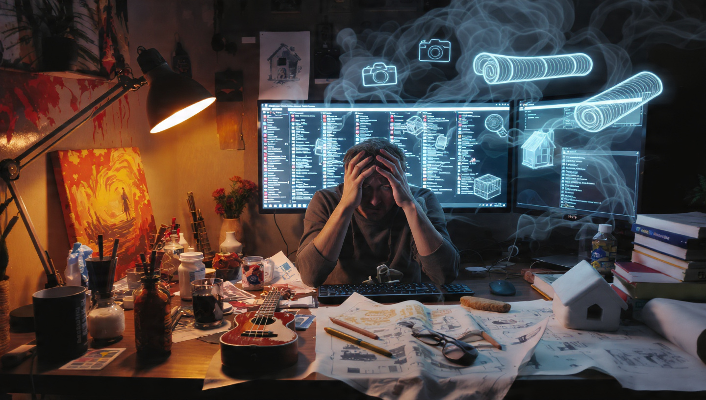 A person sits at a desk, utterly overwhelmed. Their computer screen has 20 tabs open. Their physical desk is covered in a half-finished painting, a ukulele with one string, a sourdough starter bubbling over, and blueprints for a birdhouse. They have their head in their hands, but around their head, more ghostly, translucent ideas float like vultures: a camera, a yoga mat, a stack of books. The lighting is chaotic, half warm desk lamp, half cold computer glow.  Vibe: Visual chaos, overwhelm, the physical manifestation of the "Lava-flow" stage.