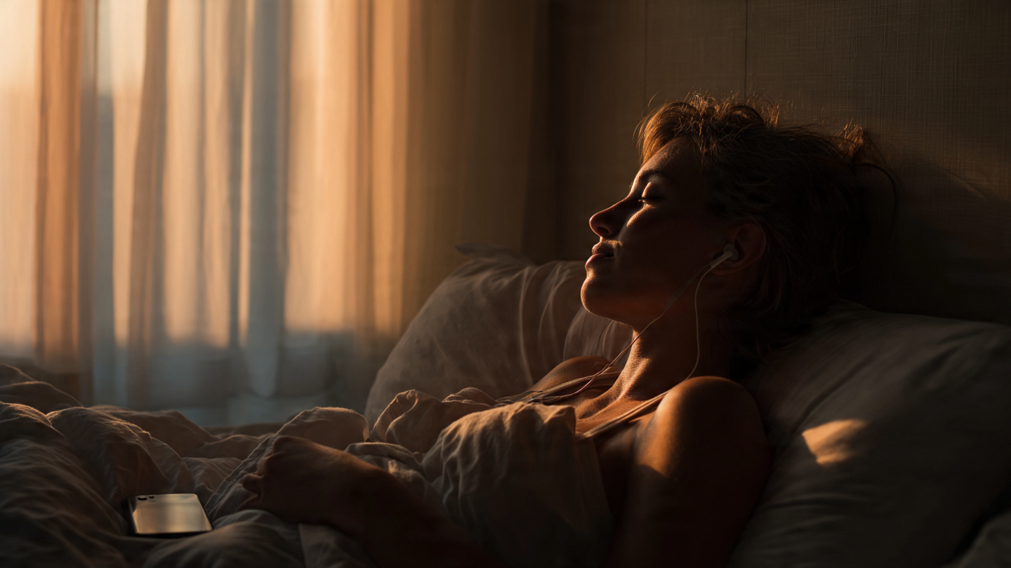 A serene minimalist bedroom person just waking up at dawn reprogramming through that five minute Theta window