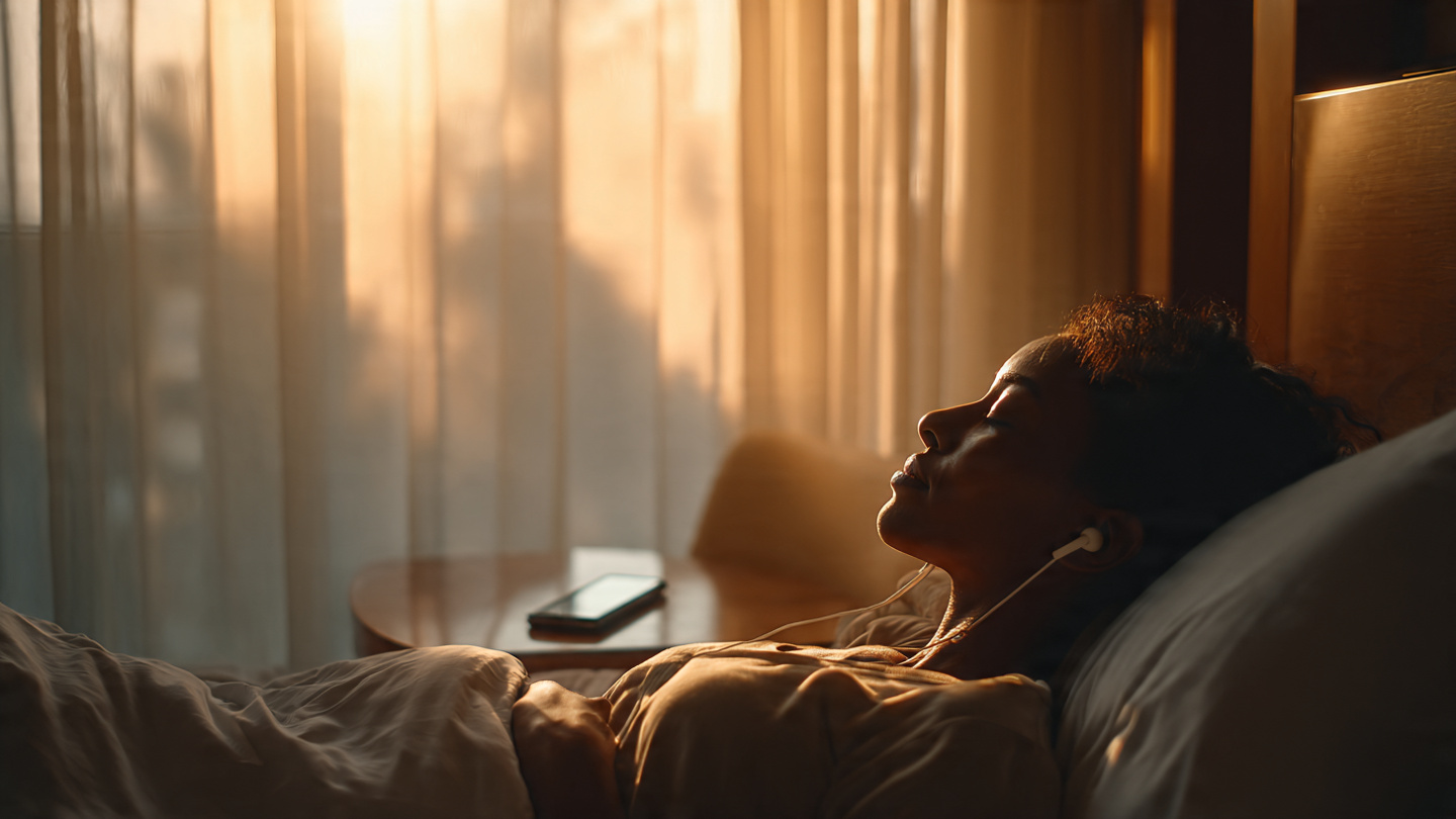 A serene, minimalist bedroom at the crack of dawn. Soft, golden light filters through sheer curtains. A person is laying in bed, Earbuds in, a gentle smile on their face, Arms by their side. On the nightstand, a phone sits face-down and silent. The contrast between the peaceful person and the ignored device is striking. The room feels like a sanctuary.