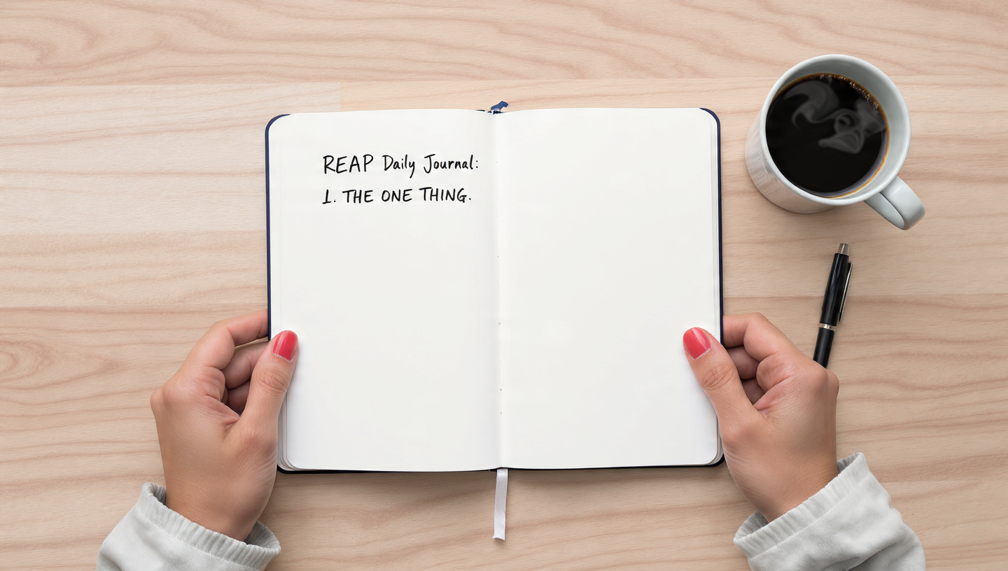 A flat-lay style image from an overhead perspective. A person's hands are visible, holding a simple notebook. On the open page, a list is written. The top item is in beautiful, bold handwriting: REAP Daily Journal: "1. THE ONE THING." The rest of the page is blank, clean white space. Next to the notebook is a steaming mug of black coffee and a single, perfect pen. The background is a clean, light wood desk. Vibe: Clean, minimalist, focused, and aspirational. It visually represents the power of choosing one thing.