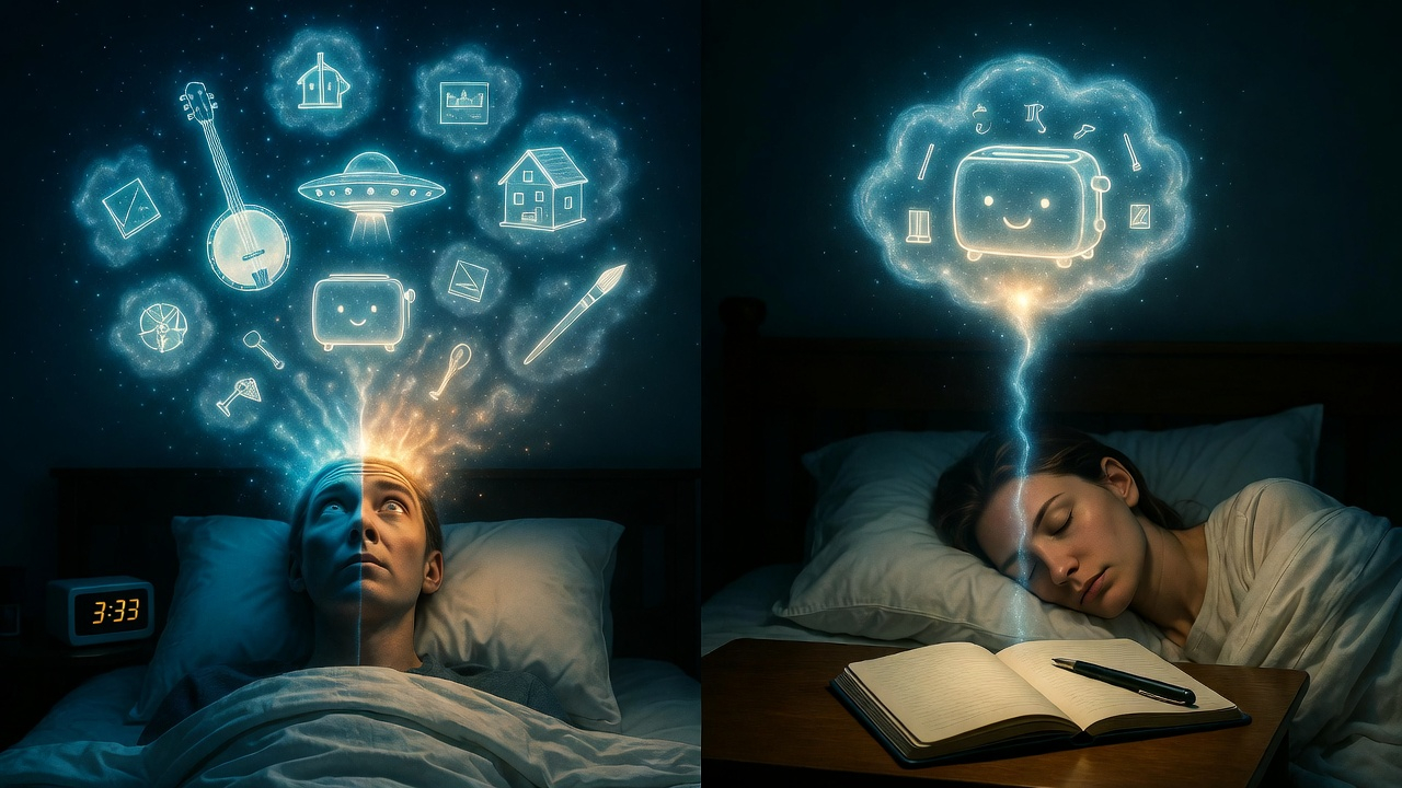 A split-screen image. On the left, a chaotic night scene: a person wide-eyed in bed, surrounded by glowing thought bubbles. On the right, the same person, calm and asleep, a notebook on the nightstand with a single pen resting on it. A gentle, ethereal line connects a thought bubble on the left to the notebook on the right, symbolizing the act of capturing the idea and releasing it.