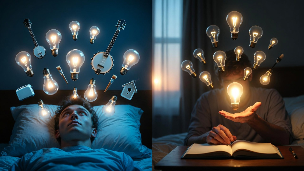 Split-screen composition. Left side: A person in a dark bedroom, eyes wide open, head on pillow, surrounded by glowing lightbulbs and floating thought bubbles (banjo, toaster, paintbrush, birdhouse). Right side: The same person sitting up in bed, reaching toward a notebook on the nightstand, one hand gently catching a single glowing idea as others fade behind them.  Lighting: Left side cool blue, chaotic. Right side warm amber, hopeful. The warm light spills slightly into the cool side at the center.  Mood: The transition moment. The pivot from overwhelm to action. The catch.