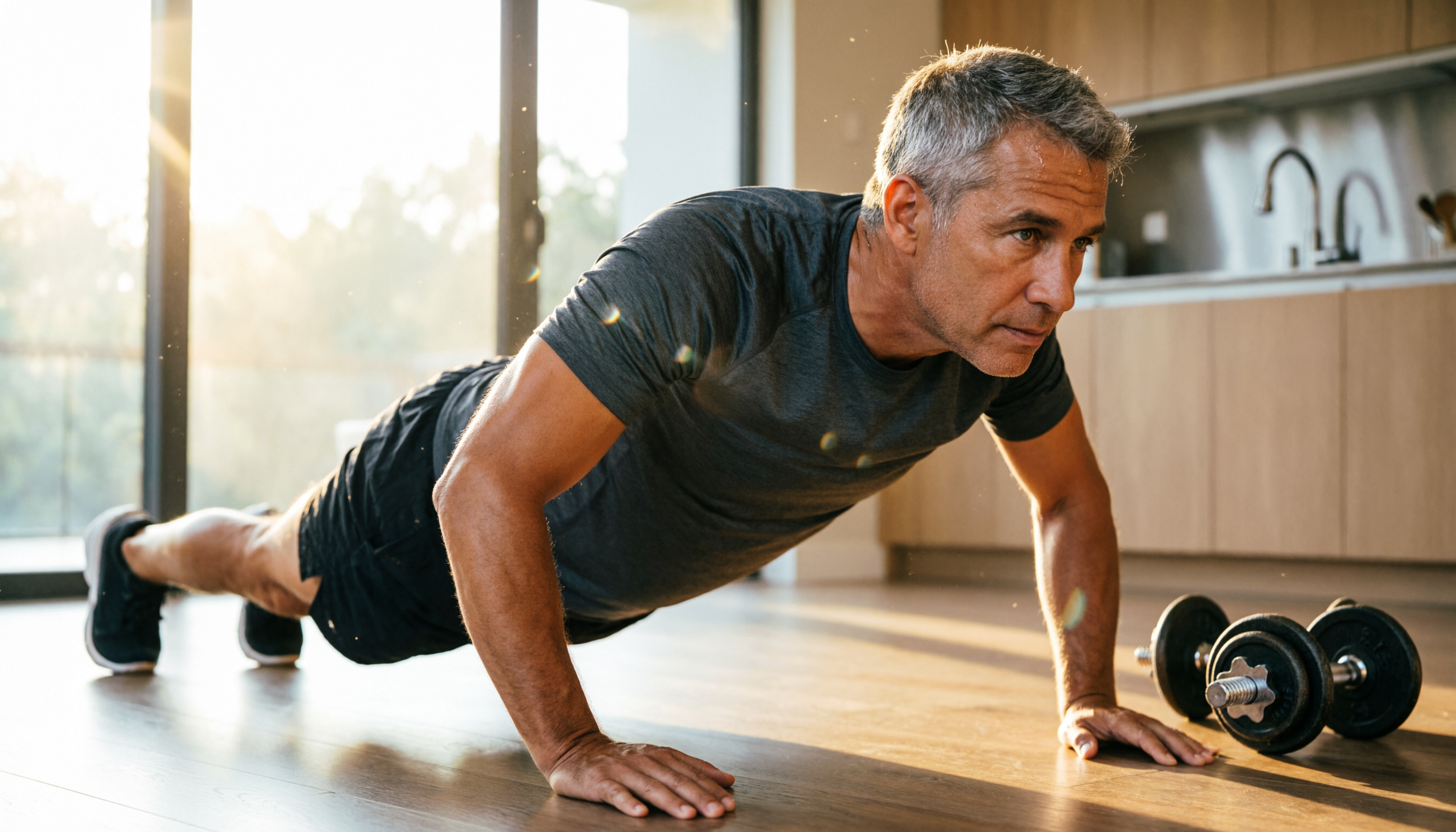 Fit man 40s stretching in living room at sunrise, dumbbells on floor nearby, kitchen in soft focus background, warm golden light with lens flares, photorealistic, high detail, 8k Fit man 40s stretching in living room at sunrise, dumbbells on floor nearby, kitchen in soft focus background, warm golden light with lens flares, photorealistic, high detail, 8k