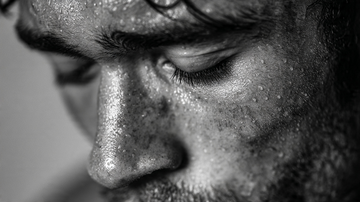 A close-up, artistic black and white shot of a man's face, mid-workout at home. Sweat is visible on his brow, but his eyes are closed and his expression is one of deep focus and inner calm, not just physical exertion. It illustrates the mind-body connection A close-up, artistic black and white shot of a man's face, mid-workout at home. Sweat is visible on his brow, but his eyes are closed and his expression is one of deep focus and inner calm, not just physical exertion. It illustrates the mind-body connection