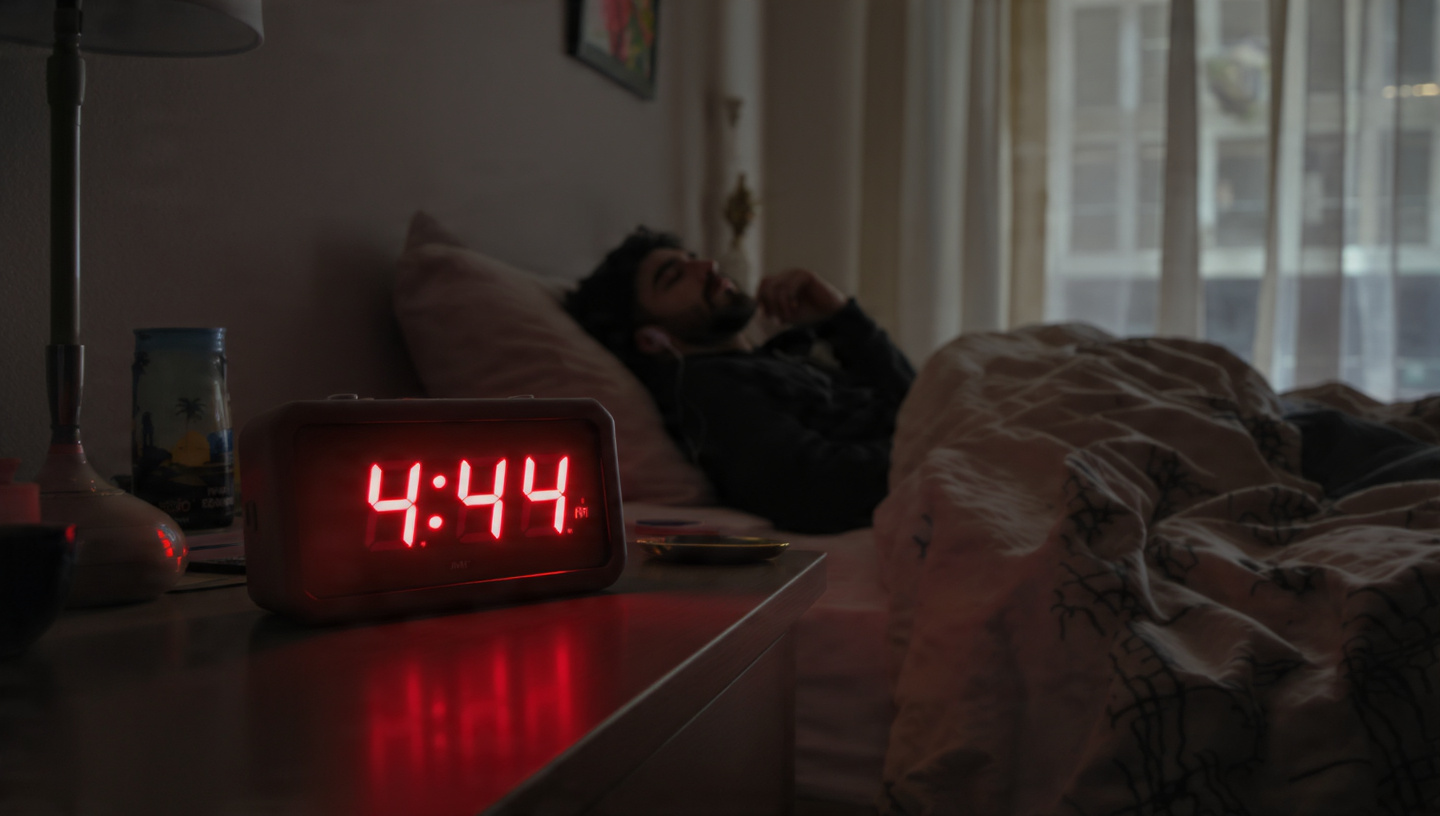 A serene, almost cinematic shot of a bedroom at 4:44 AM. The focus is on a digital clock on a nightstand, the screen glowing softly showing the time. a person lays still in bed, earbuds in, reprogramming bfore the day starts A serene, almost cinematic shot of a bedroom at 4:44 AM. The focus is on a digital clock on a nightstand, the screen glowing softly showing the time. a person lays still in bed, earbuds in, reprogramming bfore the day starts