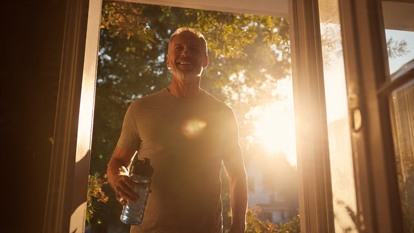 A motivational shot of a man in his 50s, smiling and full of energy, walking in his front door after a great workout with a beautiful sunrise. He’s holding a water bottle, ready to start his day. The image radiates vitality, purpose, and the success of having won the morning. A motivational shot of a man in his 50s, smiling and full of energy, walking in his front door after a great workout with a beautiful sunrise. He’s holding a water bottle, ready to start his day. The image radiates vitality, purpose, and the success of having won the morning.