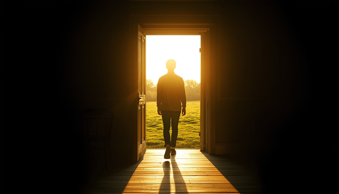 A person walking from a dark, empty room through an open doorway. The room behind them is shadowed, dim, and lonely—bare walls, maybe a single forgotten chair. But through the doorway? Brilliant golden sunrise. Lush green grass. Open sky. Warm light pouring in, illuminating their face and shoulders as they step through. The contrast is stark: darkness behind, possibility ahead. Their posture shows transition—one foot still in the dark, the other already in the light. 