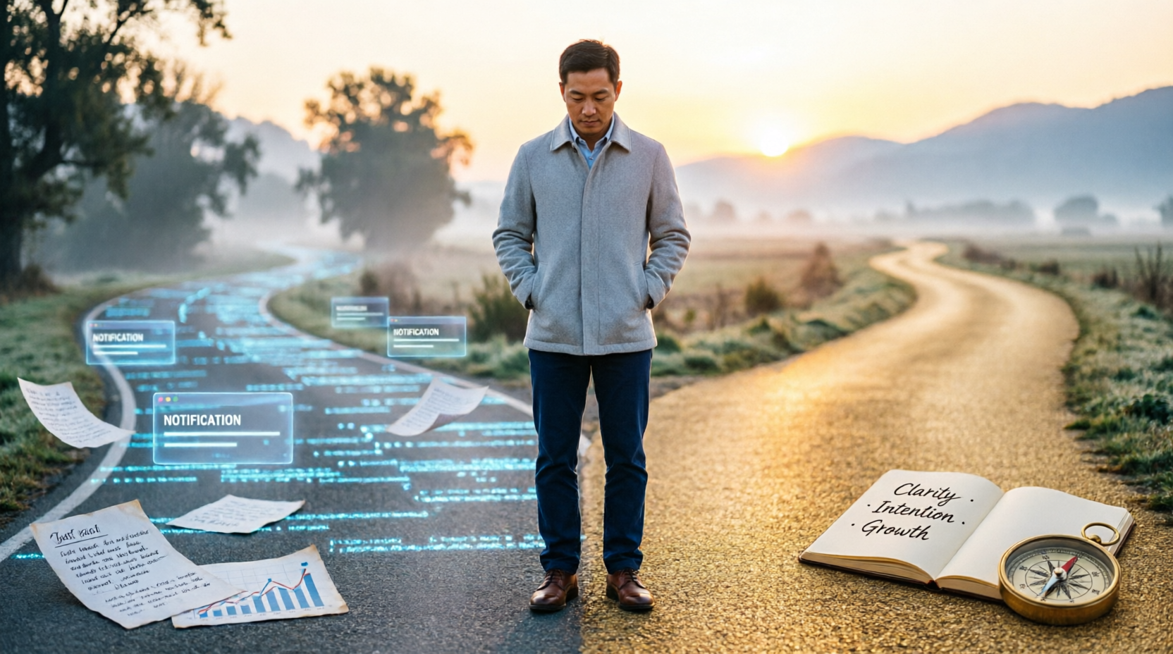 A person standing at a crossroads at sunrise, one path chaotic and cluttered, the other clear and purposeful, golden light illuminating the intentional path A person standing at a crossroads at sunrise, one path chaotic and cluttered, the other clear and purposeful, golden light illuminating the intentional path