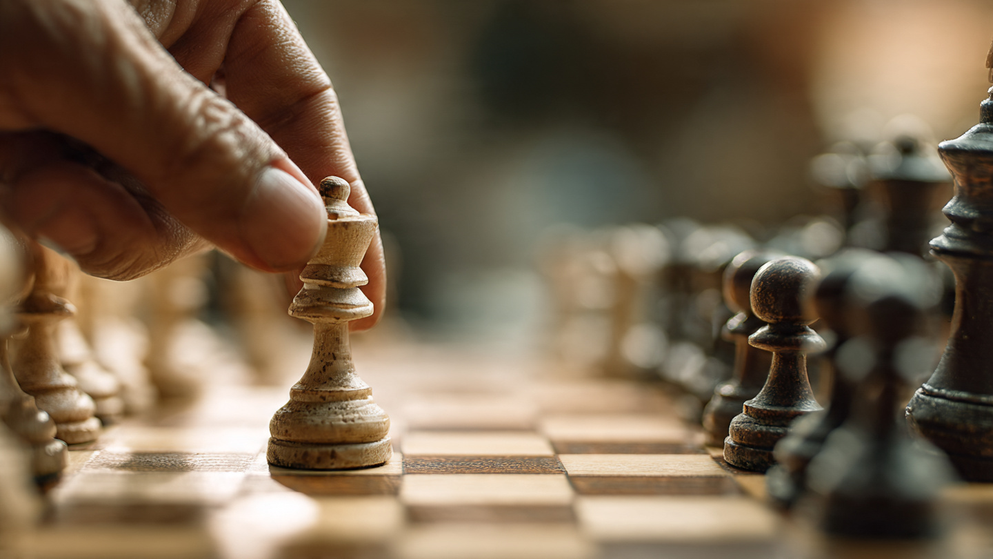 A chess board with one hand thoughtfully moving a piece, soft focused background suggesting deep concentration and strategy A chess board with one hand thoughtfully moving a piece, soft focused background suggesting deep concentration and strategy