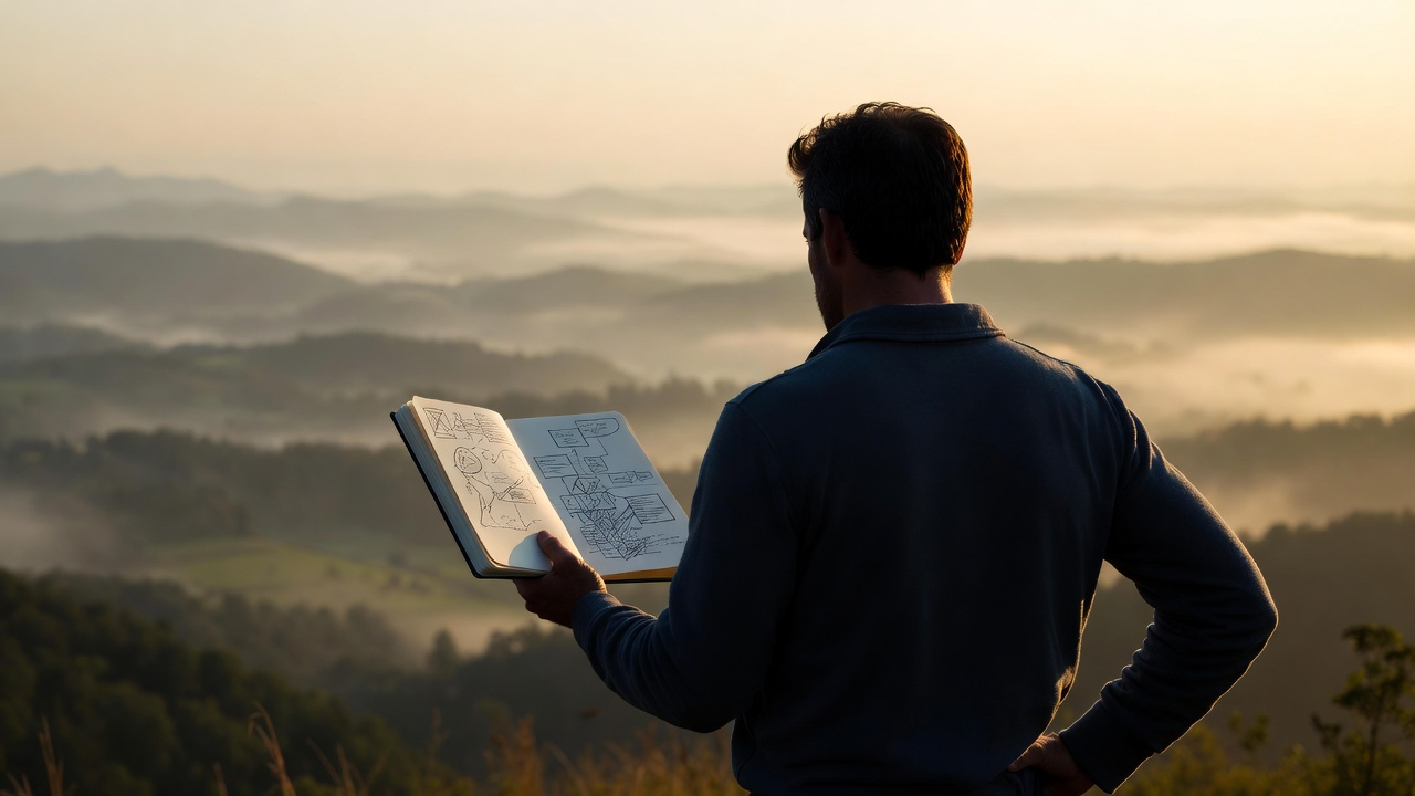 A person standing on a elevated overlook, back to camera, holding an open notebook with hand-drawn plans or mind maps visible. Vast landscape stretches before them with morning mist rising. The scene conveys long-term vision, possibility, and strategic thinking. A person standing on a elevated overlook, back to camera, holding an open notebook with hand-drawn plans or mind maps visible. Vast landscape stretches before them with morning mist rising. The scene conveys long-term vision, possibility, and strategic thinking.