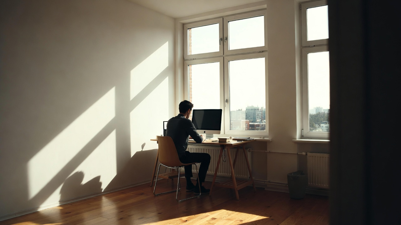 A person working alone at a minimalist desk in a sunlit room early morning. Natural light streams through windows, creating peaceful shadows. No visible technology distractions—just notebook, pen, and contemplative posture. The scene conveys focused solitude and quiet progress. A person working alone at a minimalist desk in a sunlit room early morning. Natural light streams through windows, creating peaceful shadows. No visible technology distractions—just notebook, pen, and contemplative posture. The scene conveys focused solitude and quiet progress.