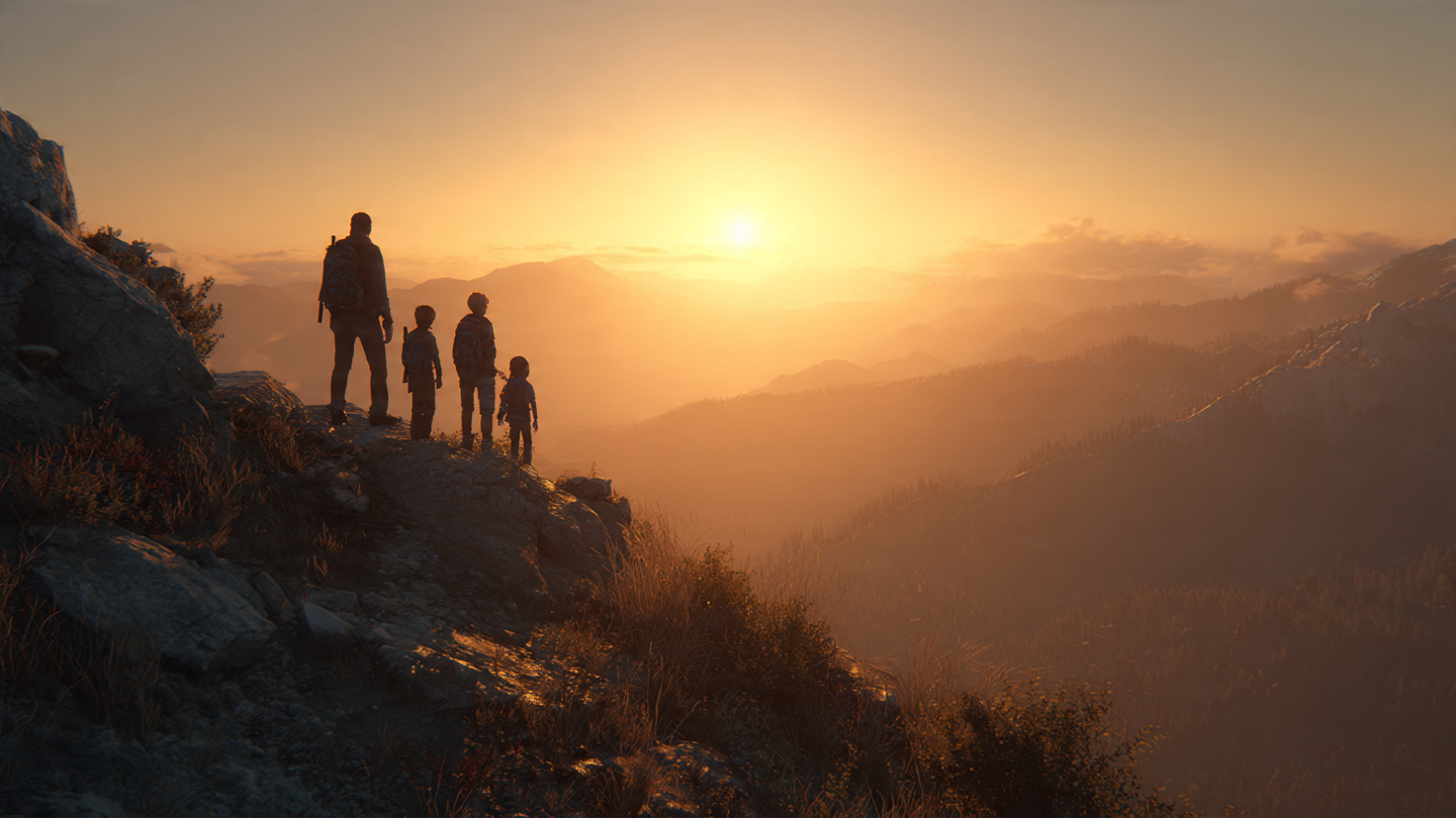 A wide-shot of a small group standing together on a cliff edge at sunrise—a man, a woman, and two children. They stand side by side, not posing for the camera, but collectively facing the horizon, gazing at the golden sun rising over distant mountains. The light bathes their faces in warm glow. The feeling is earned connection—a family that climbed together, friends who showed up, faith in something bigger, the view after the work. The rocky path behind them.