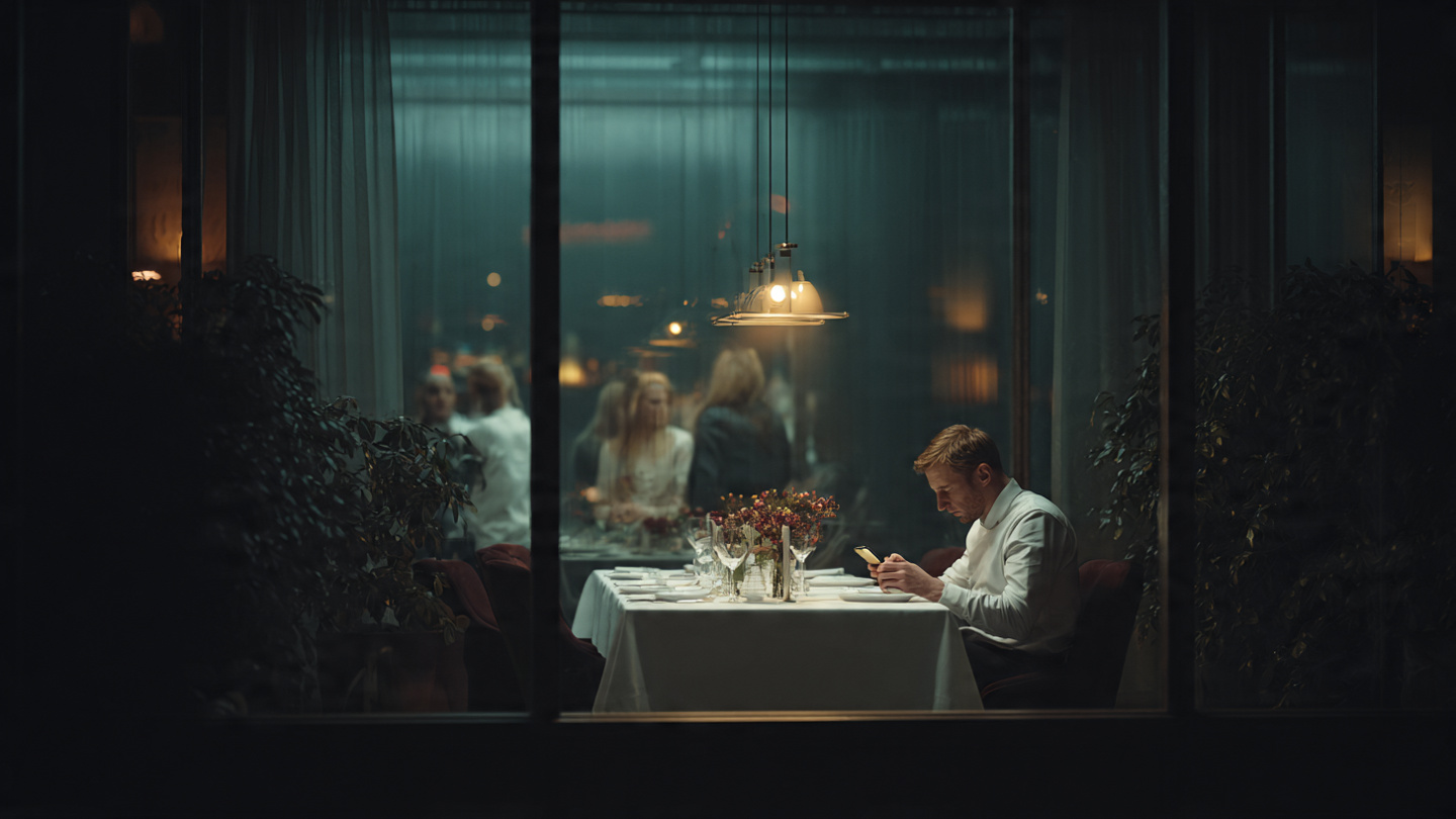 A man sitting alone at a beautifully set dinner table in an otherwise empty restaurant. He's looking at his phone, the screen casting pale light on his face. Through the window behind him, a family walks by laughing, slightly blurred. Warm interior lighting contrasts with the cool isolation of the scene. The feeling is connection just out of reach—having everything and feeling empty. 