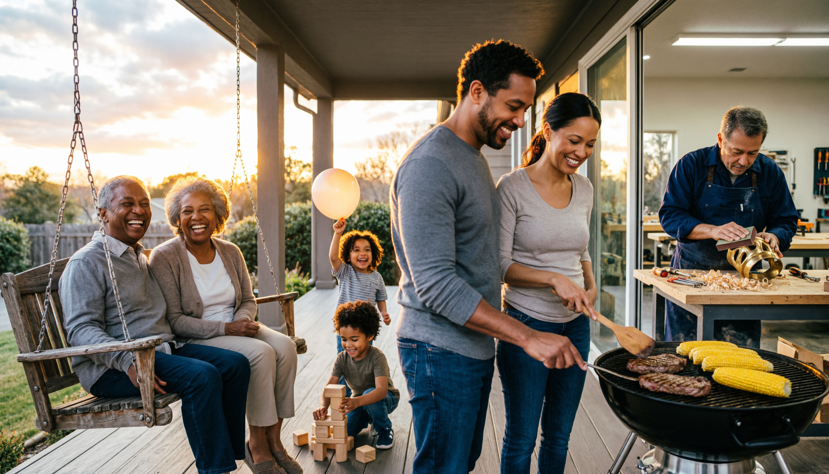 A spacious back porch at golden hour. A family gathers naturally—grandparents laughing on a swing, parents preparing food on a grill, children playing nearby. In the background, through large windows, you can see into a workshop where someone is crafting with focus. Above it all, the sky opens with soft rays of evening light breaking through clouds.