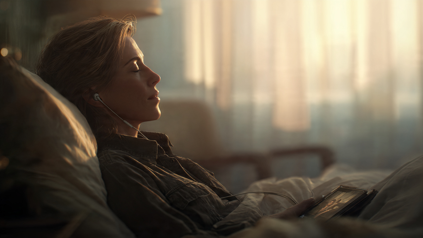 A woman sitting up in bed in the early morning, soft blue and gold light filtering through sheer curtains. a small leather journal is on her lap, pen resting between pages, eyes closed, slight smile, earbuds in, reprogramming her day. Beside her bed, a single photograph in a frame shows people she loves—family or friends—just visible. The room is still. The world hasn't voted yet. The feeling is possibility, stillness, the sacred first moments. 