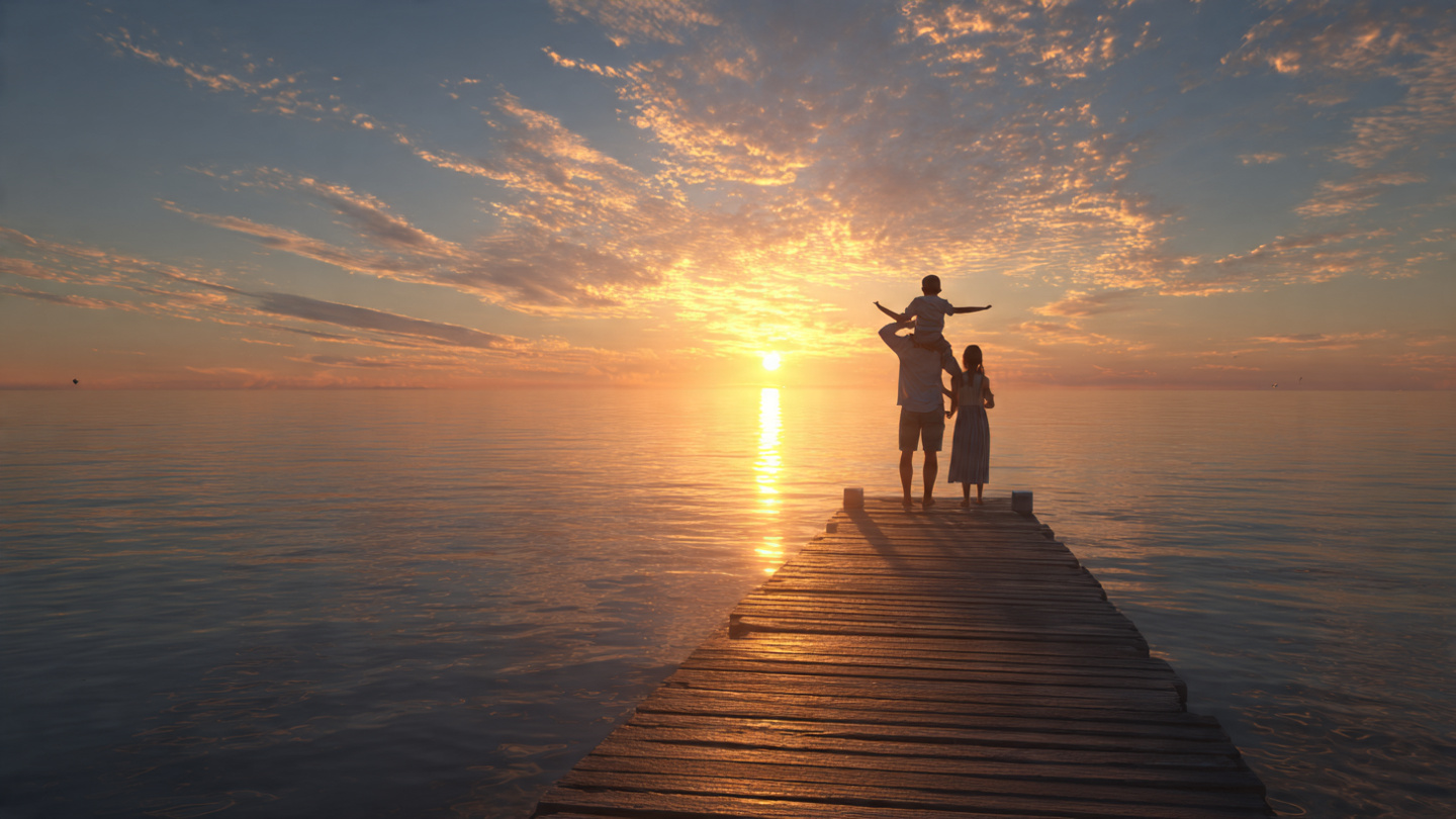 A sunrise over a calm ocean, golden light reflecting across the water in a long pathway toward the horizon. On a wooden dock extending into the water, a young family stands together—parents with a child on shoulders, all pointing toward something in the distance. Not the destination—the direction. The journey ahead. The perfect day not as a single moment, but as a lifetime of mornings like this. Hope, possibility, beginning.