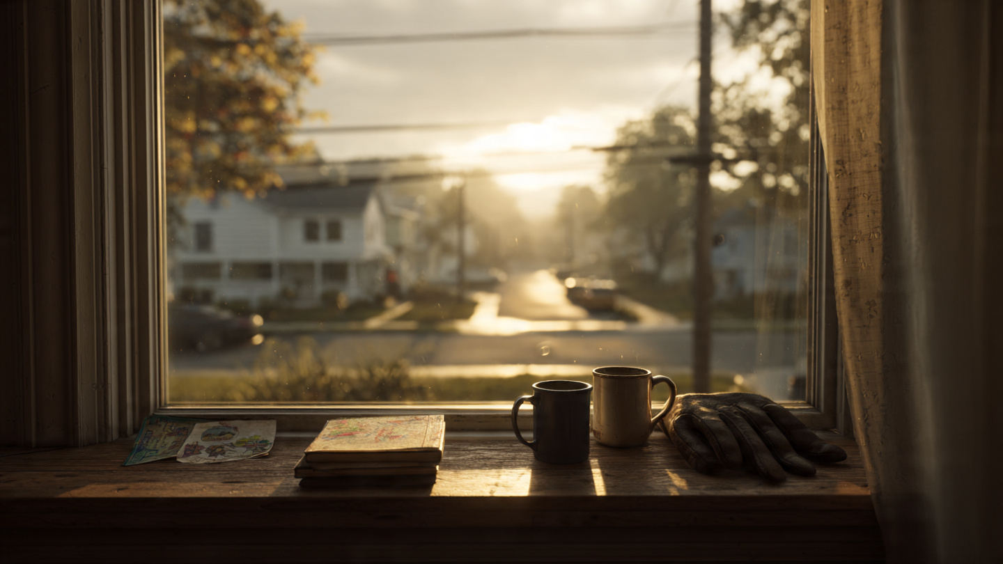 A photorealistic image taken from inside a cozy living room looking out through a large picture window. Through the glass, a golden sunrise is just breaking over a quiet neighborhood. On the windowsill sit four small, simple objects in soft focus—a worn book (faith), a child's drawing (family), two coffee mugs side by side (friendship), and a leather work glove (work). The room is still, peaceful, waiting. Morning light spills across the floor.