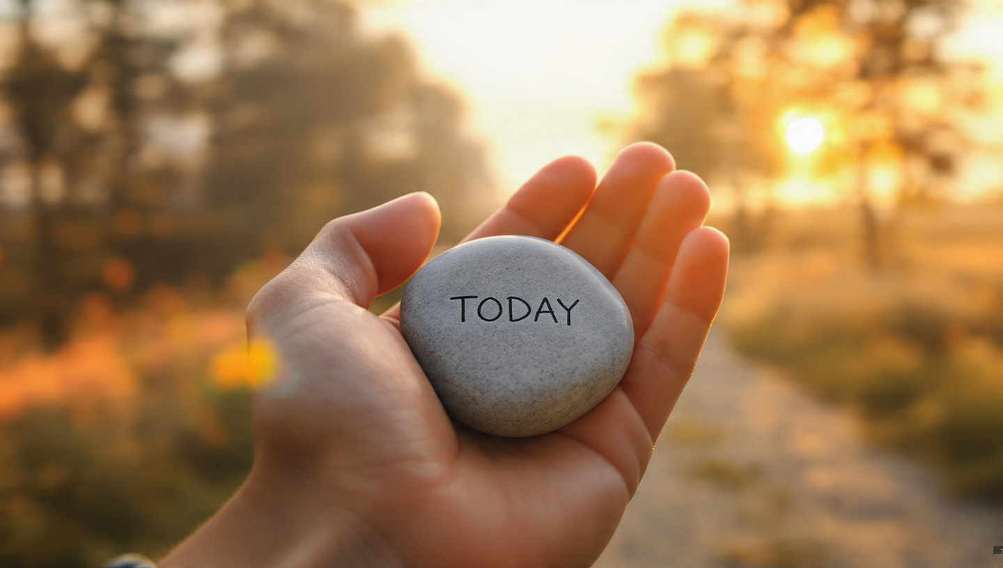 A close up of a hand holding a worn rock inscribed with the word today Morning sunlight autumn colors very inspirational A close up of a hand holding a worn rock inscribed with the word today Morning sunlight autumn colors very inspirational