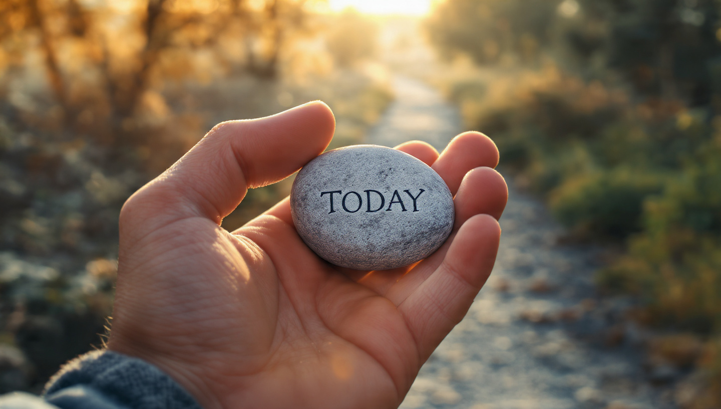 A photorealistic close-up image of a person's hands holding a small smooth stone at sunrise. On the stone, one word is faintly visible—etched or written—reading "TODAY." The hands are strong, capable, rested. Behind them, the world is softly blurred—a path leading forward, morning mist, golden light. The focus is on the stone. The one thing. The single action.