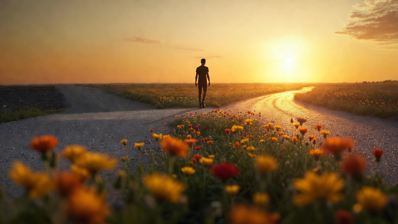 A person standing at a literal crossroads at golden sunrise. One path is well-worn, gray, and familiar. The other path is overgrown but glows with warm golden light emanating from within the path. The person is facing the glowing path, one foot slightly raised, captured in a moment of decision. 